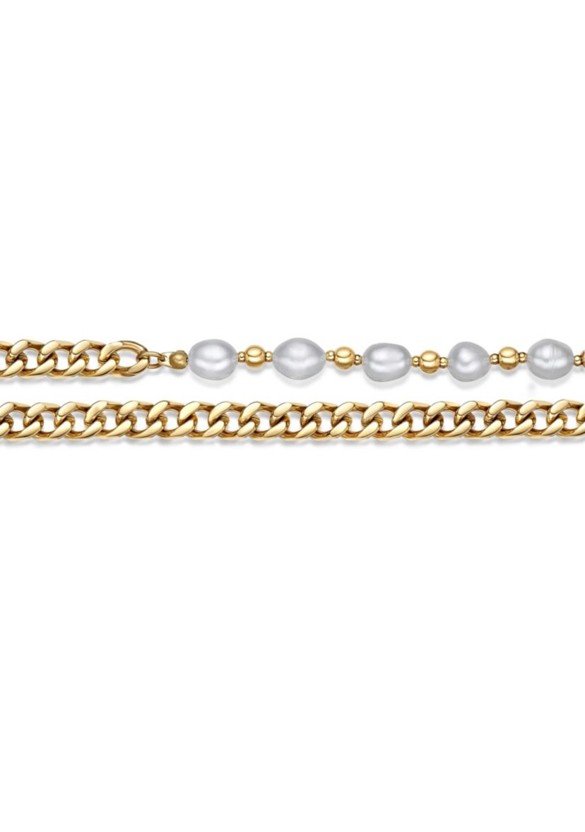 Gold Tone Ip Plated Stainless Steel Necklace with Fresh Water Pearls, 24"