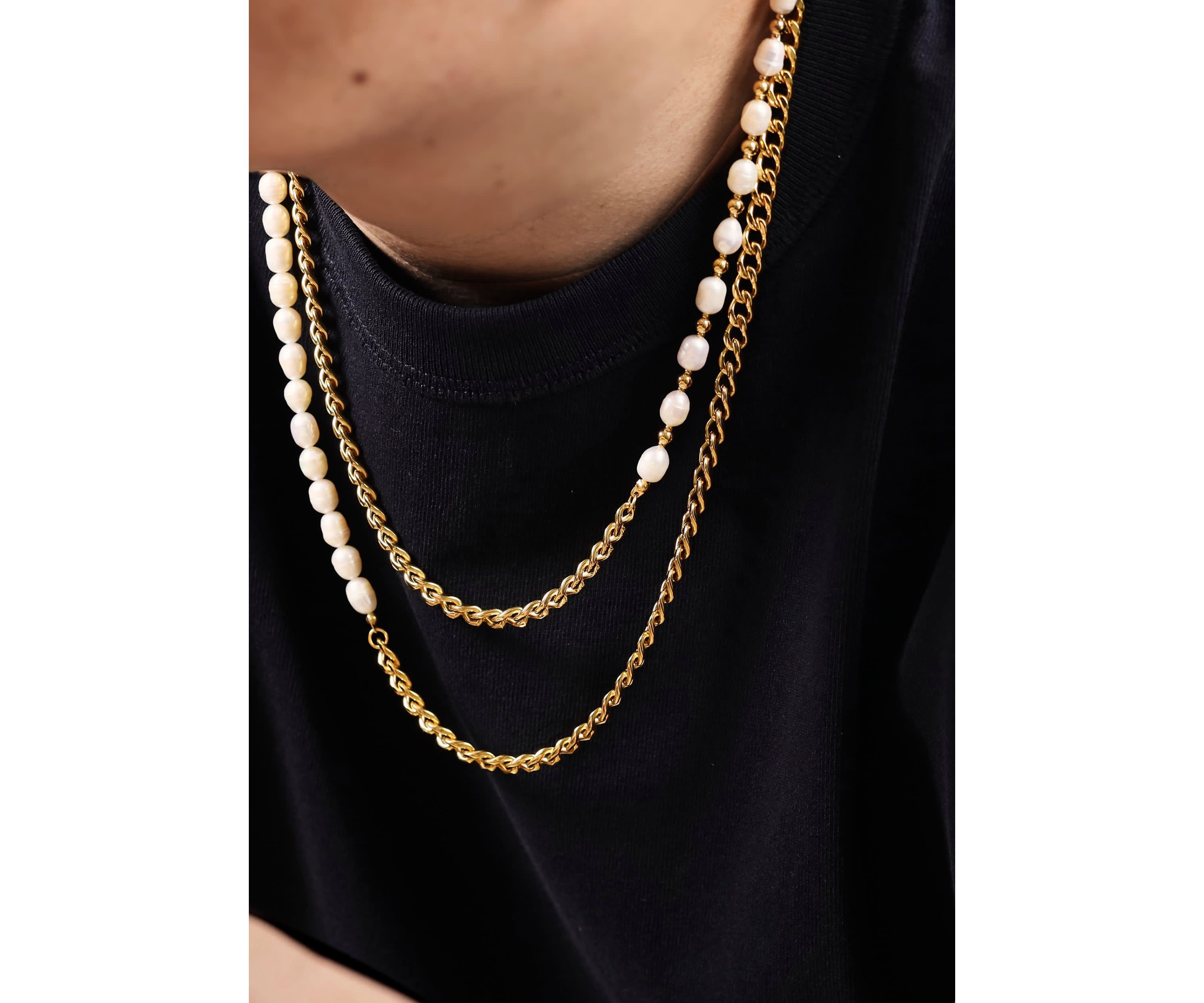 Gold Tone Ip Plated Stainless Steel Necklace with Fresh Water Pearls, 24"