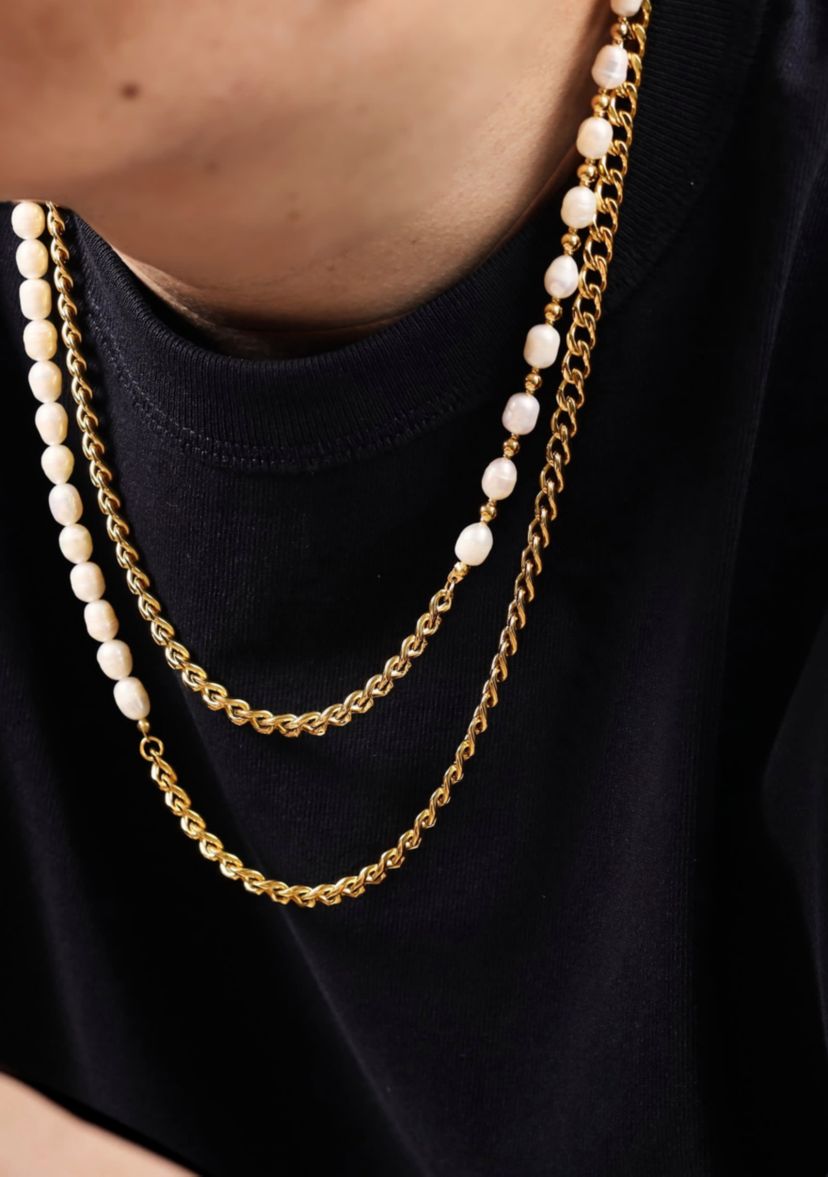 Gold Tone Ip Plated Stainless Steel Necklace with Fresh Water Pearls, 24"
