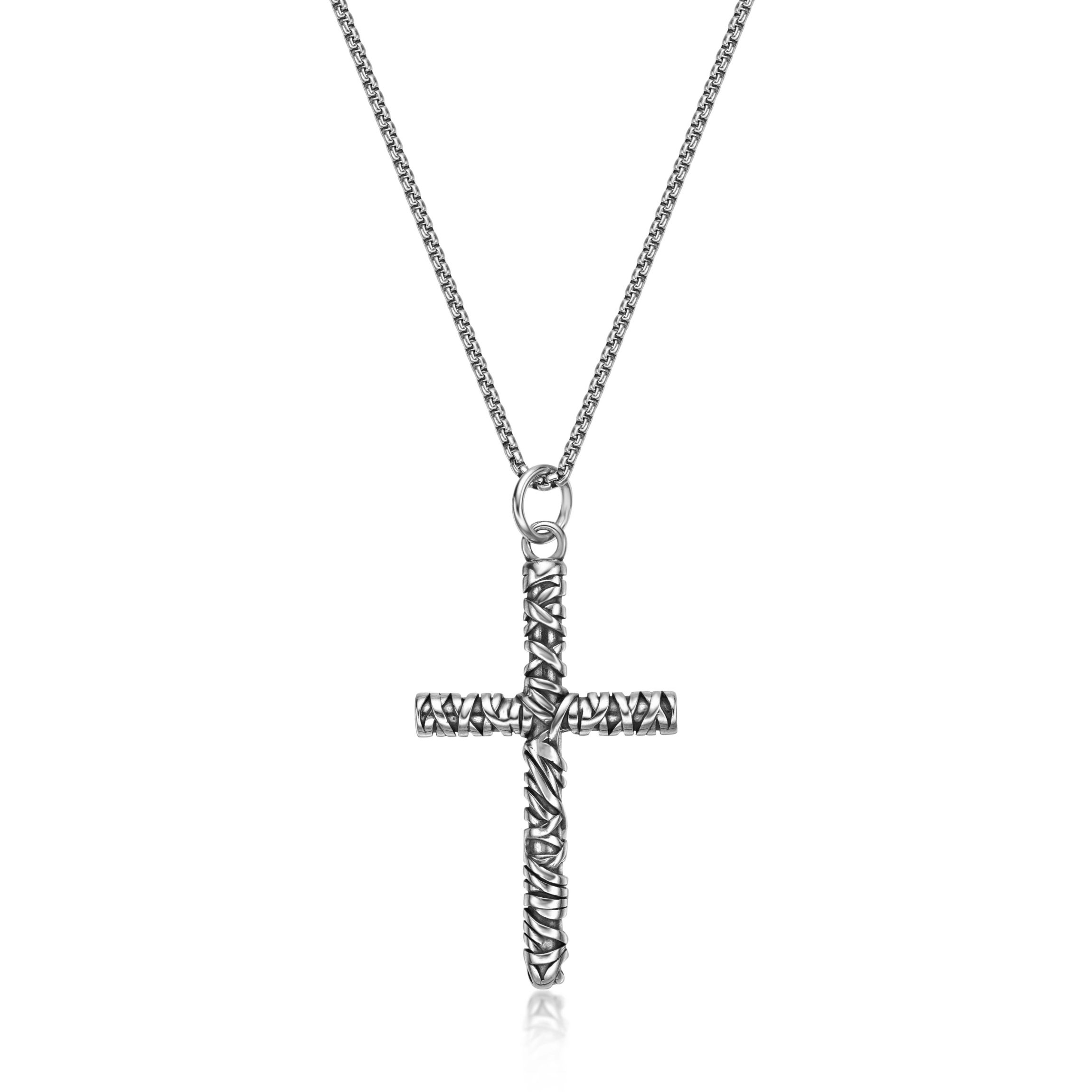 Antiqued Finish Stainless Steel Cross Pendant Necklace