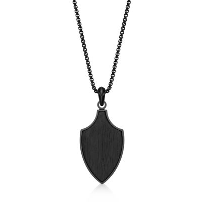 LYNX Men's Stainless Steel & Ebony Wood Shield Pendant Necklace, Black, 24 in