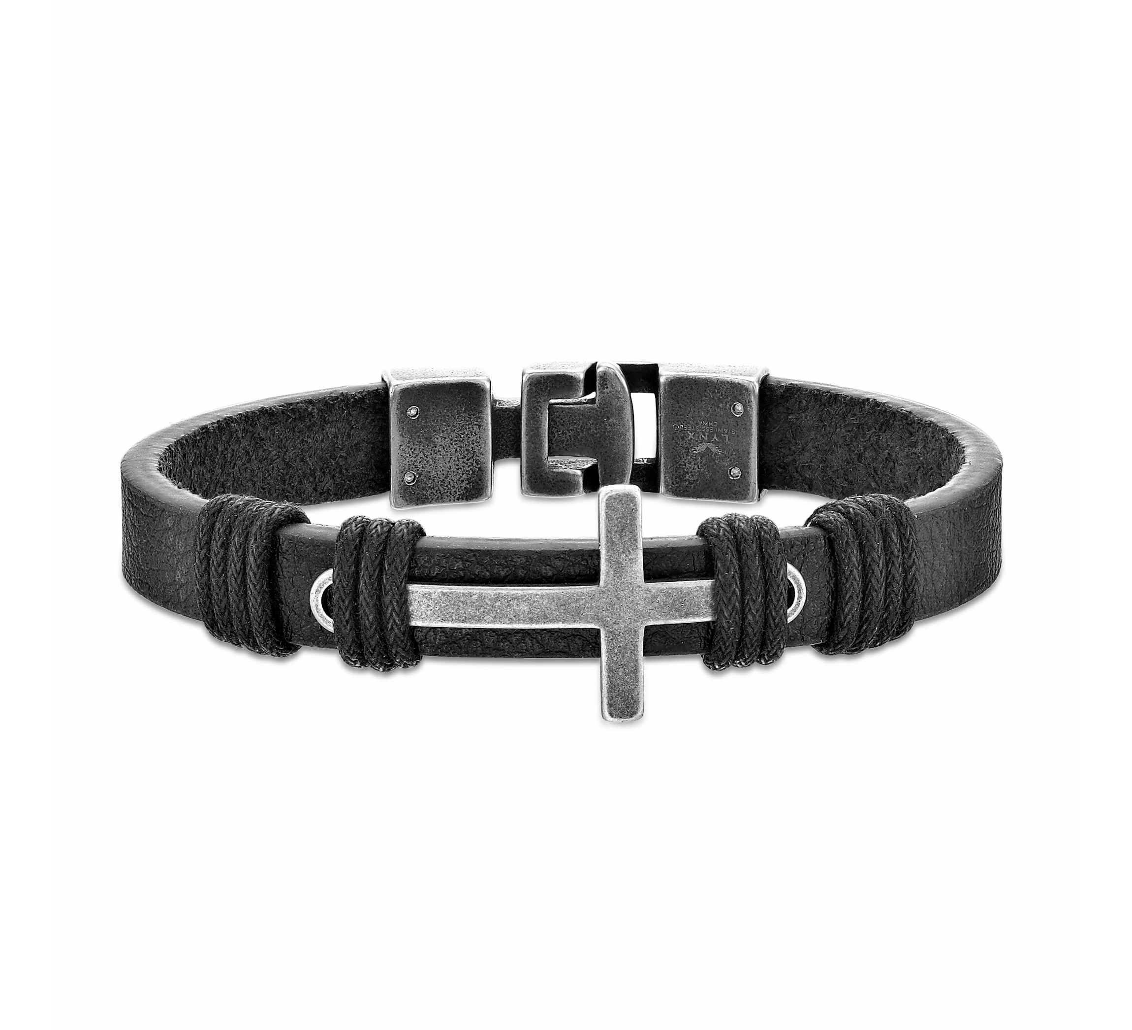 Stainless Steel Black Leather Cross Bracelet
