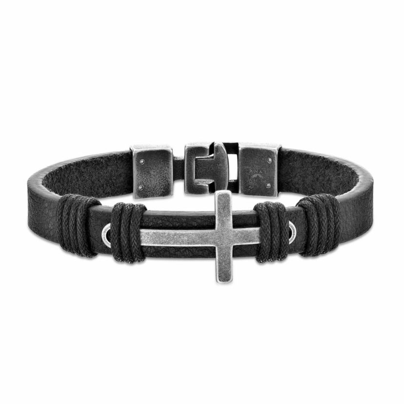 Stainless Steel Black Leather Cross Bracelet
