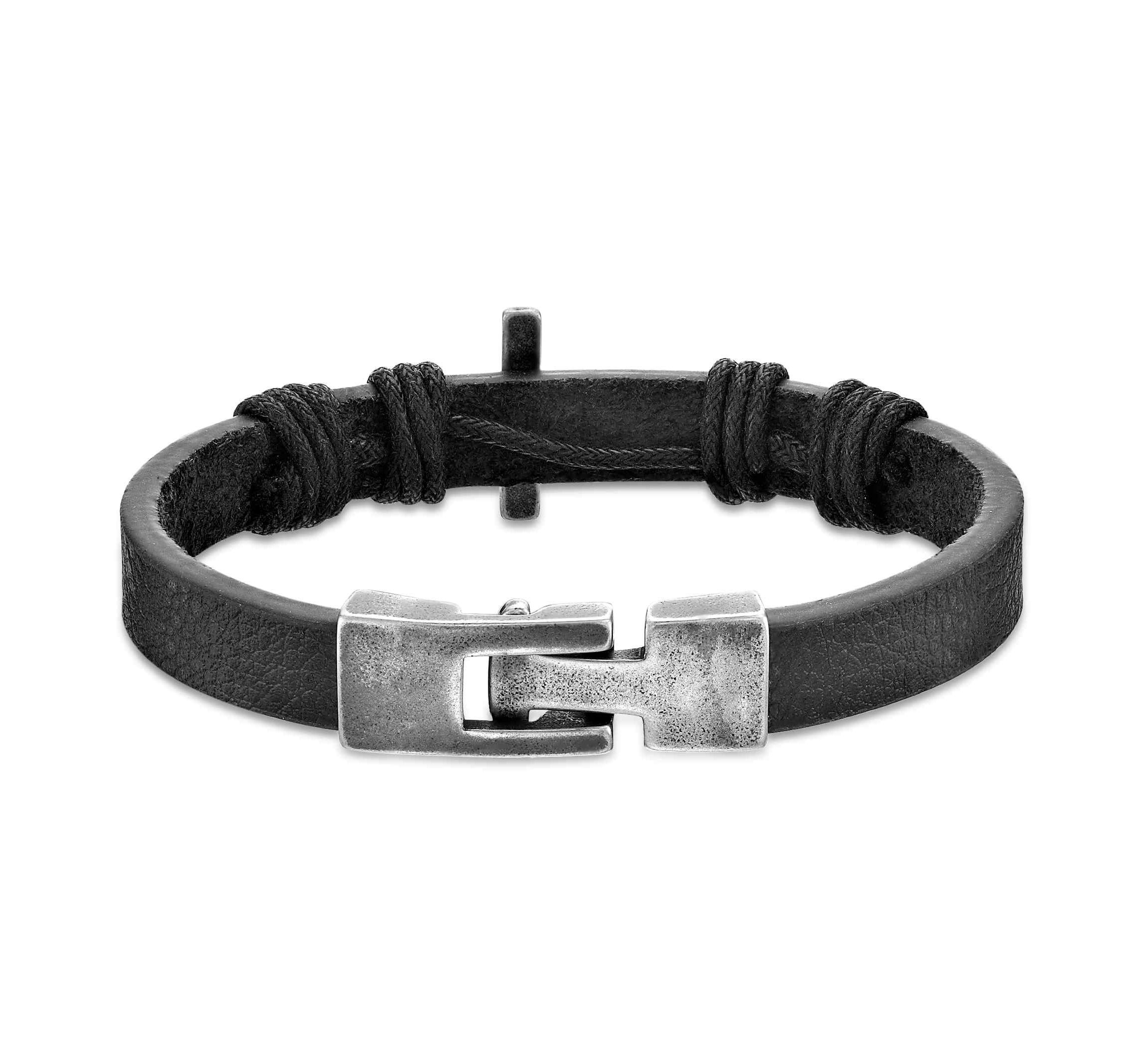 Stainless Steel Black Leather Cross Bracelet