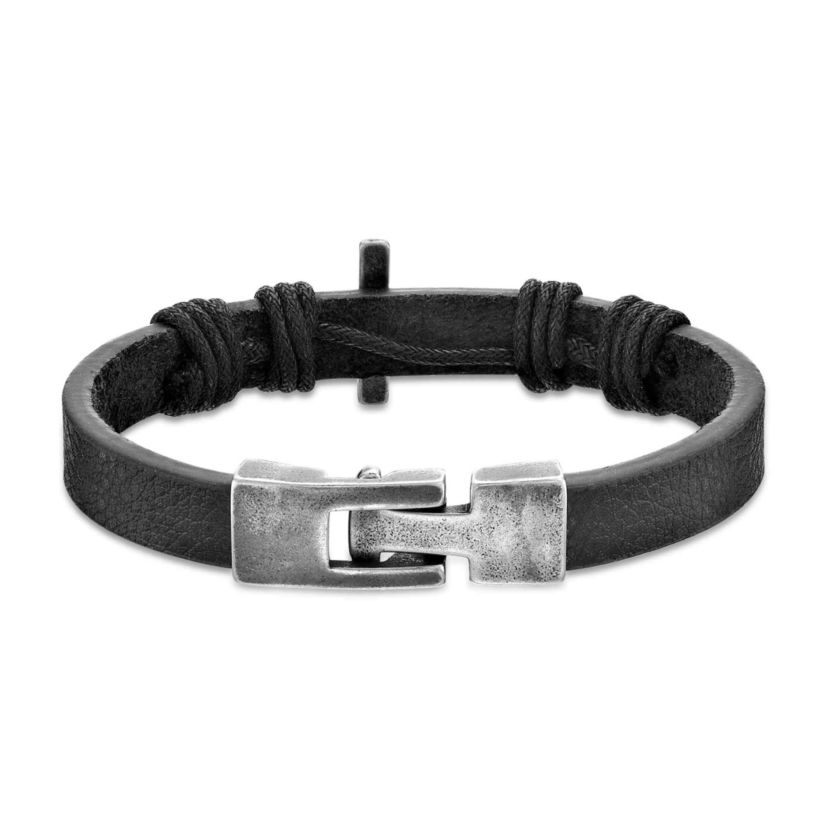 Stainless Steel Black Leather Cross Bracelet