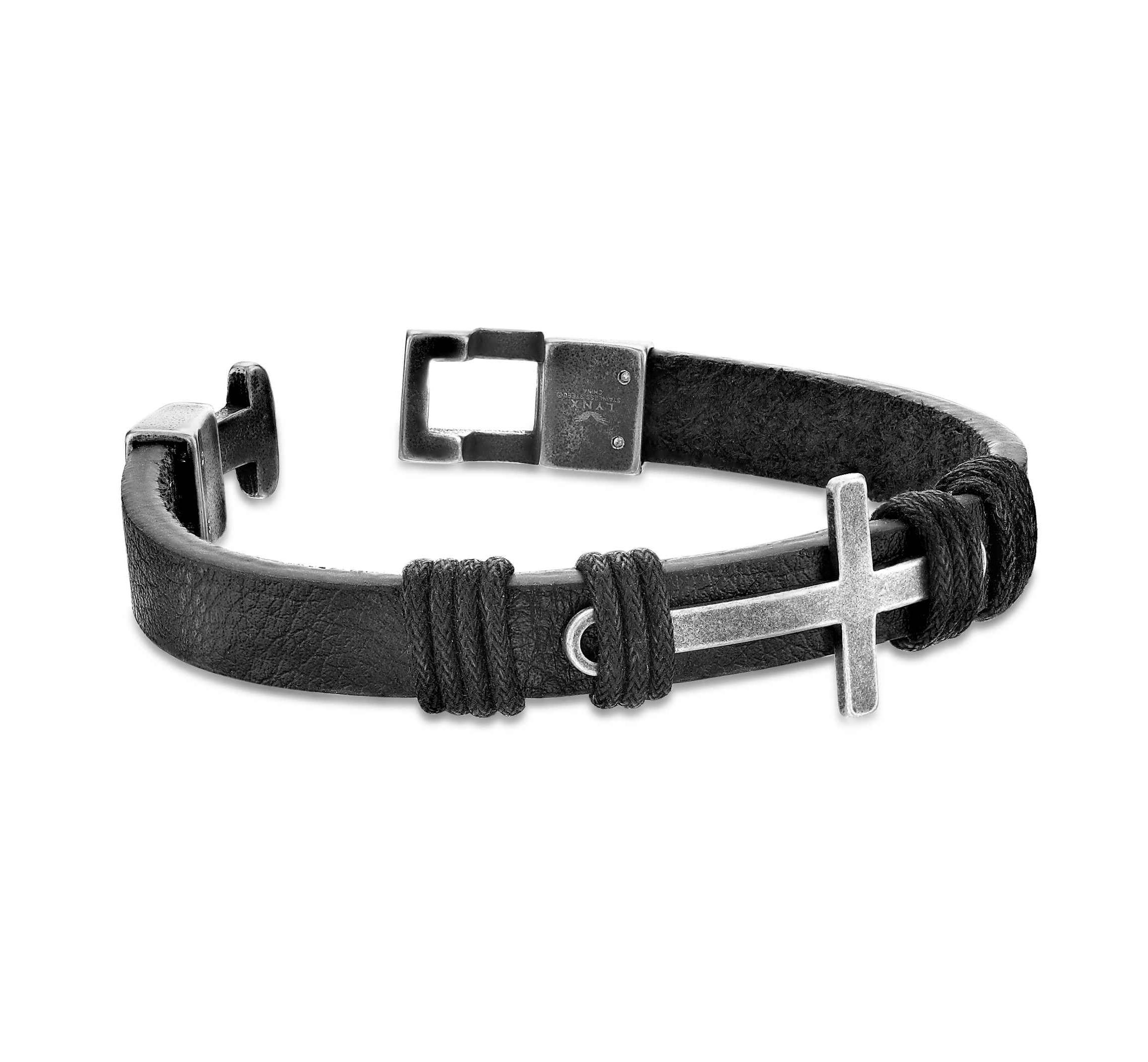 Stainless Steel Black Leather Cross Bracelet