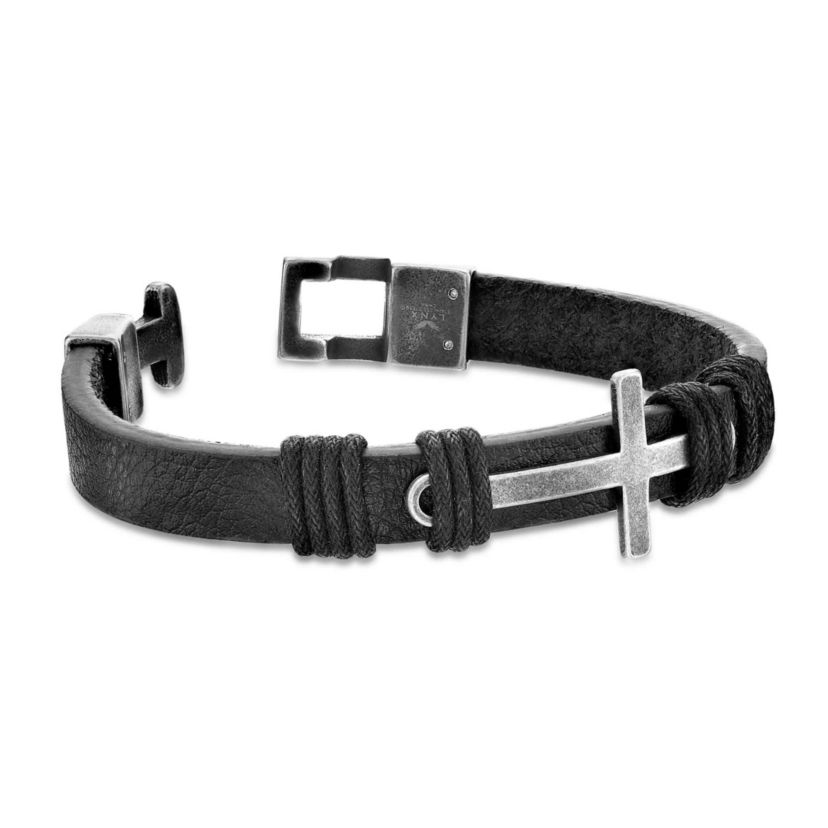 Stainless Steel Black Leather Cross Bracelet
