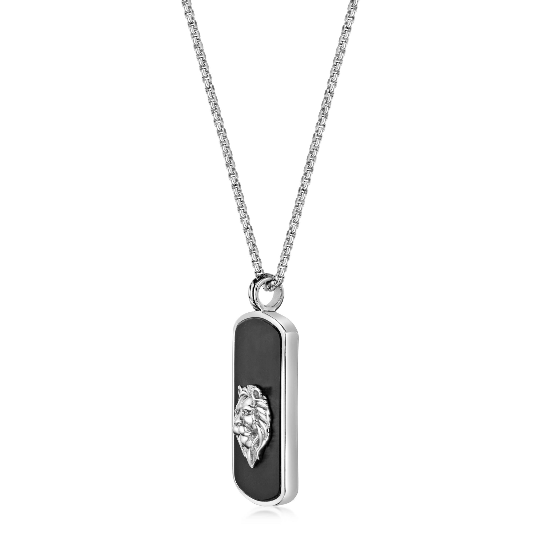 Stainless Steel Cubic Zirconia Lion Dog Tag Pendant Necklace