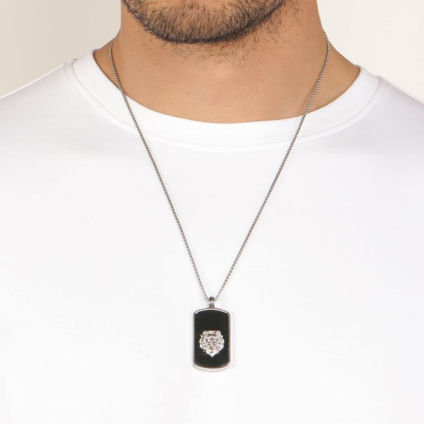 Stainless Steel Cubic Zirconia Lion Dog Tag Pendant Necklace