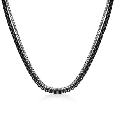 LYNX Black Ion-Plated and Steel-Tone Stainless Steel Layered Box Chain Necklace for Men