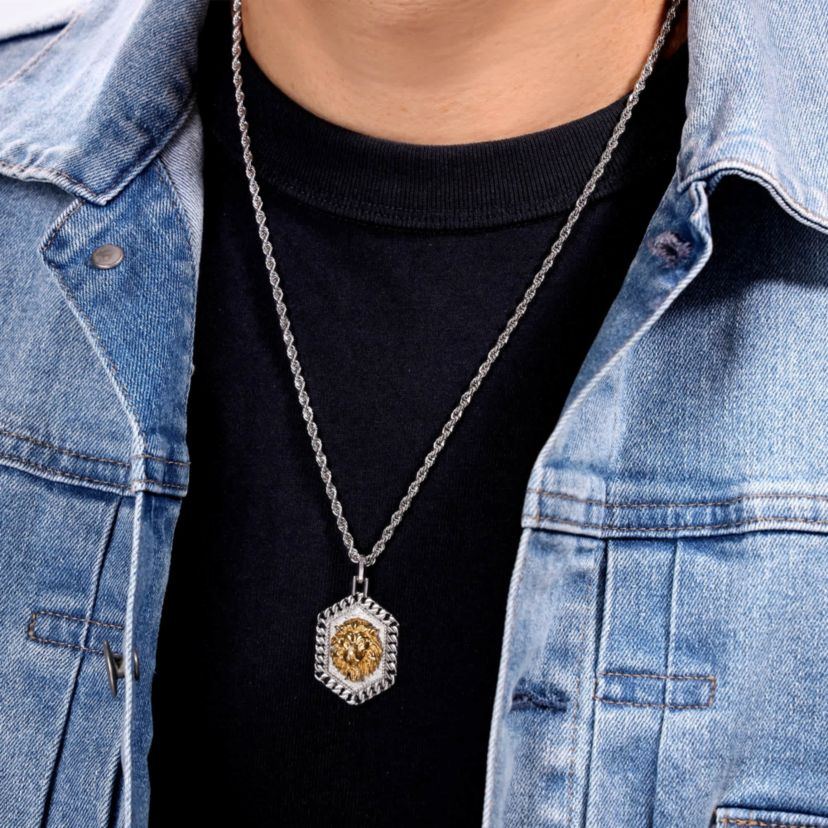 Gold Tone Ion Plated Stainless Steel Lion Pendant Necklace