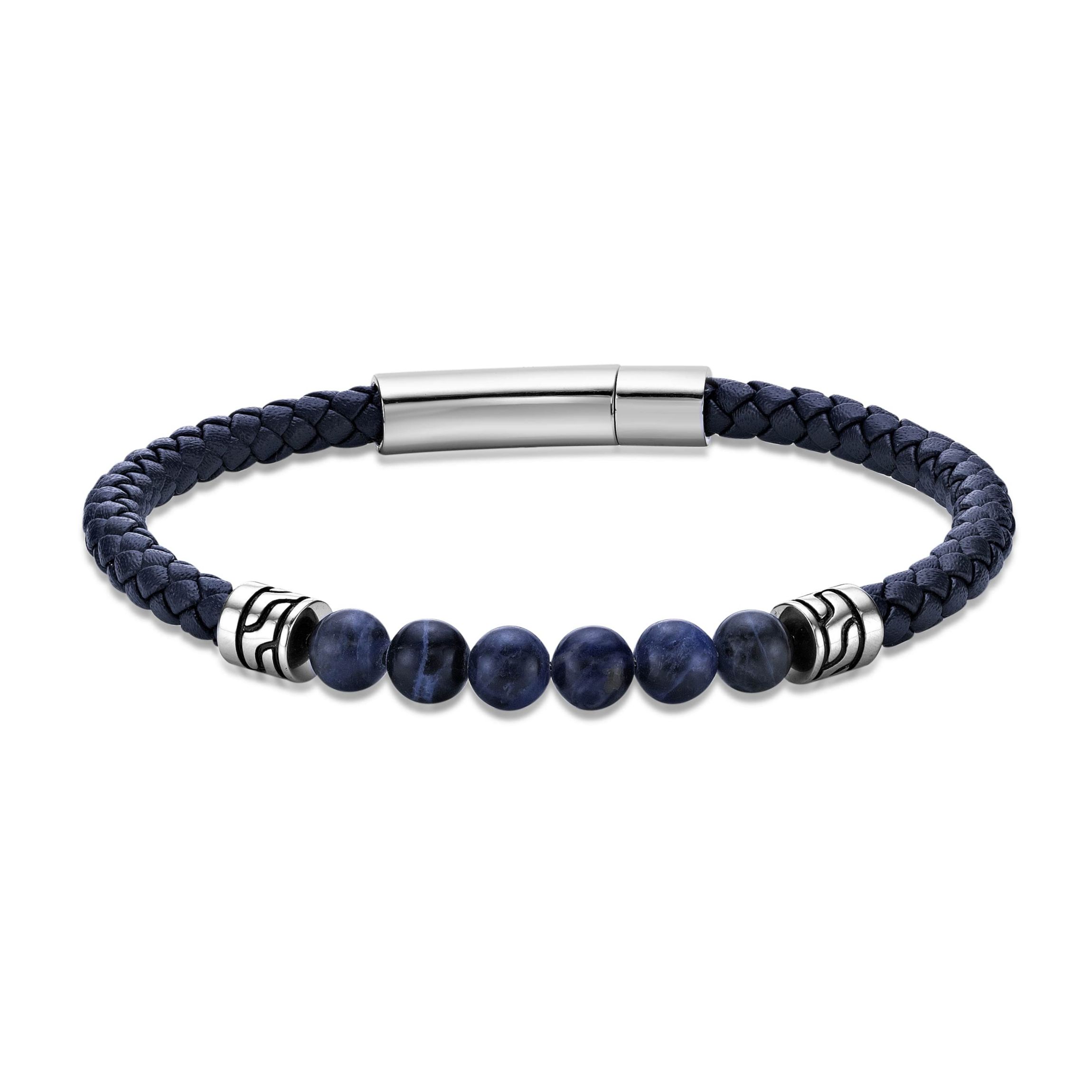 Stainless Steel Sodalite Beads and Blue Leather Bracelet