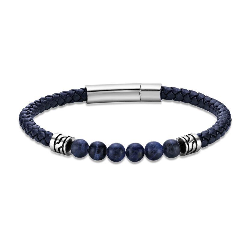 Stainless Steel Sodalite Beads and Blue Leather Bracelet