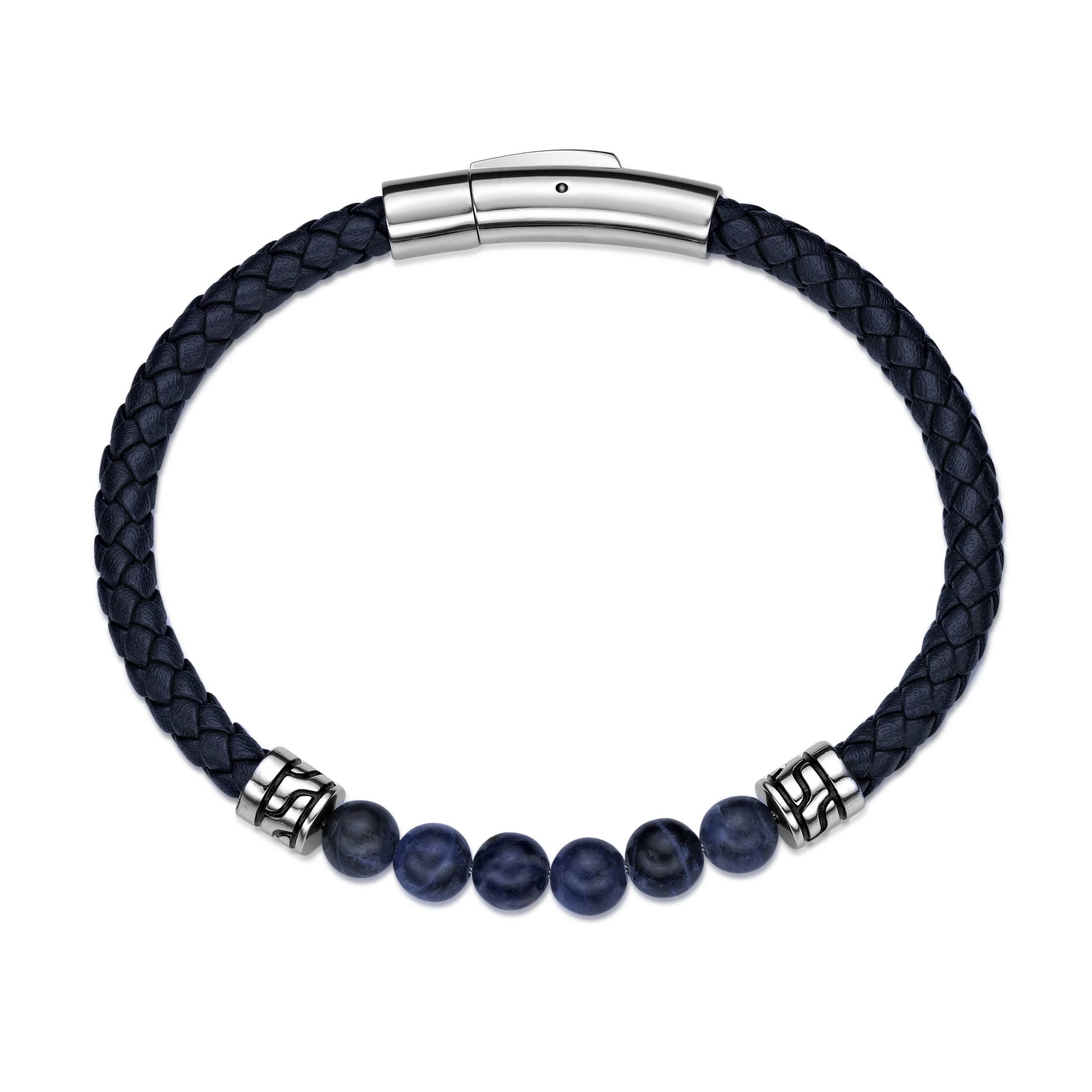 Stainless Steel Sodalite Beads and Blue Leather Bracelet