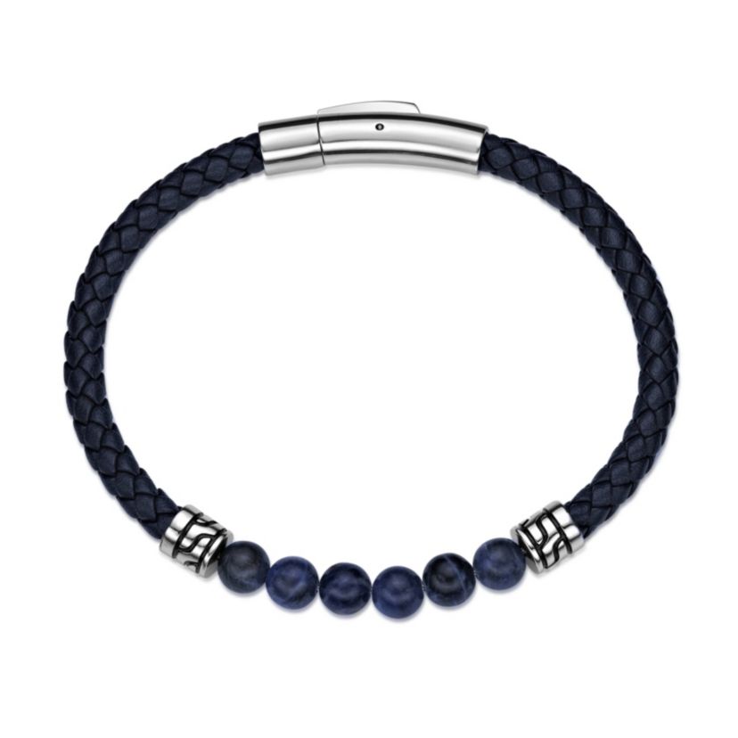 Stainless Steel Sodalite Beads and Blue Leather Bracelet