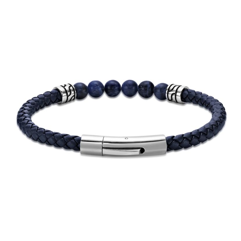 Stainless Steel Sodalite Beads and Blue Leather Bracelet