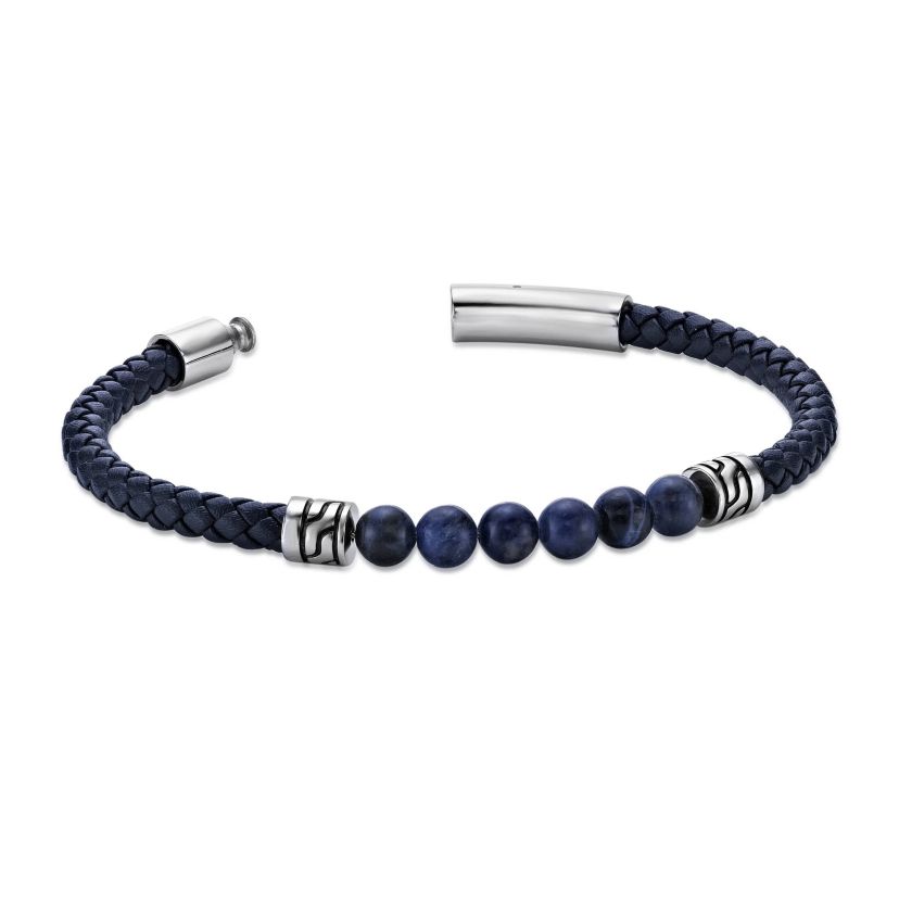 Stainless Steel Sodalite Beads and Blue Leather Bracelet