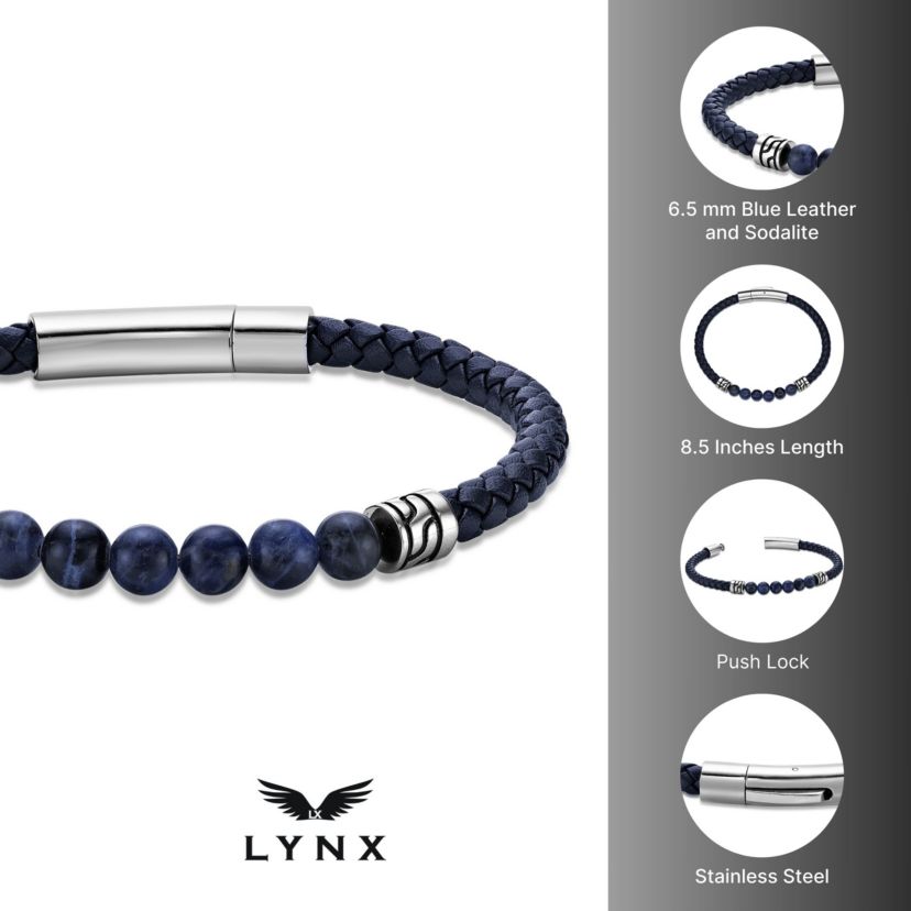 Stainless Steel Sodalite Beads and Blue Leather Bracelet