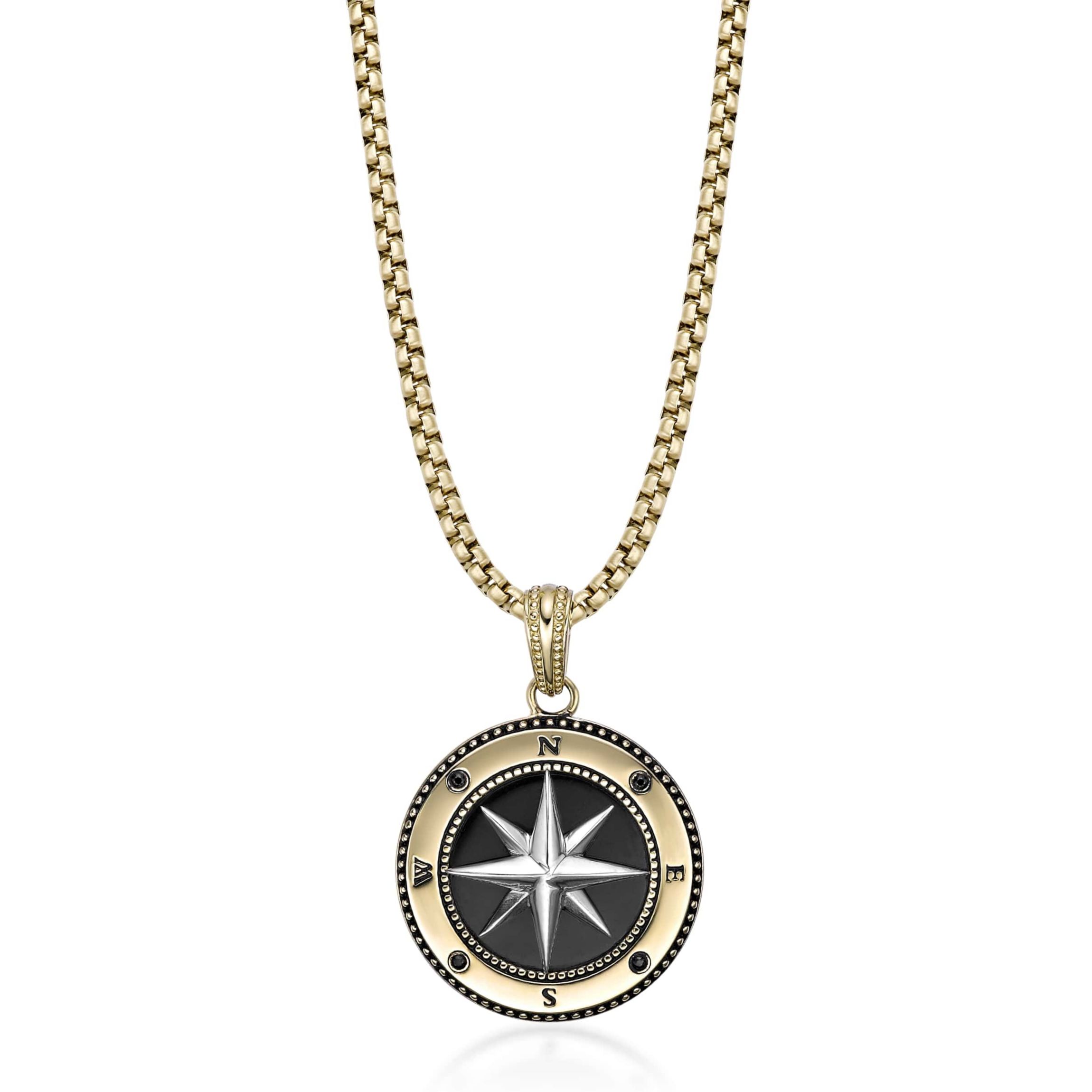 Stainless Steel Black Agate & Black Spinel Compass Pendant Necklace