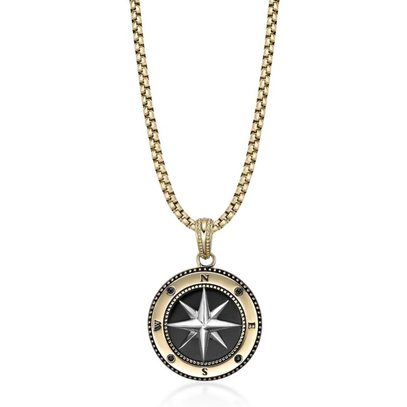 Stainless Steel Black Agate & Black Spinel Compass Pendant Necklace