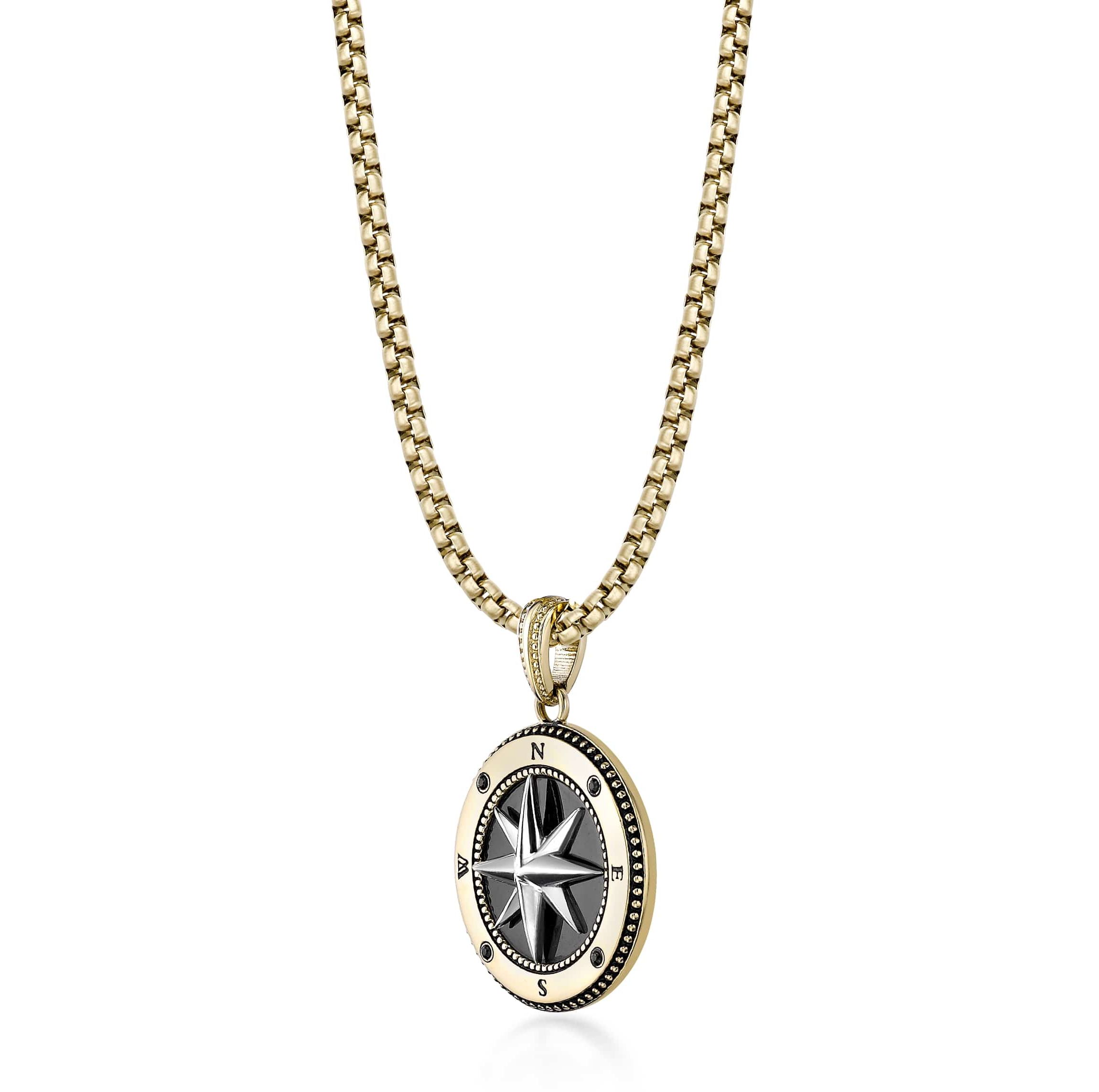 Stainless Steel Black Agate & Black Spinel Compass Pendant Necklace
