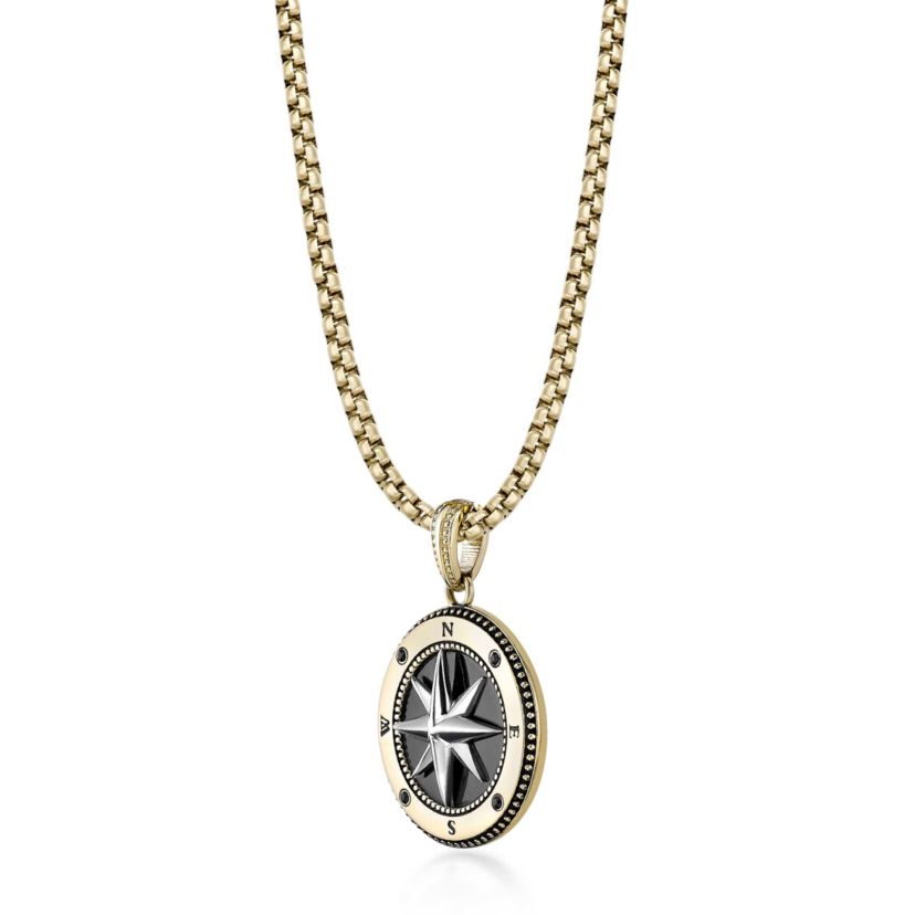 Stainless Steel Black Agate & Black Spinel Compass Pendant Necklace