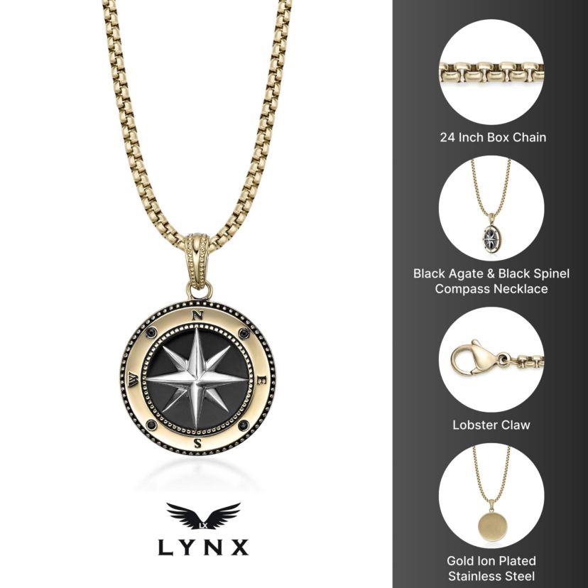 Stainless Steel Black Agate & Black Spinel Compass Pendant Necklace