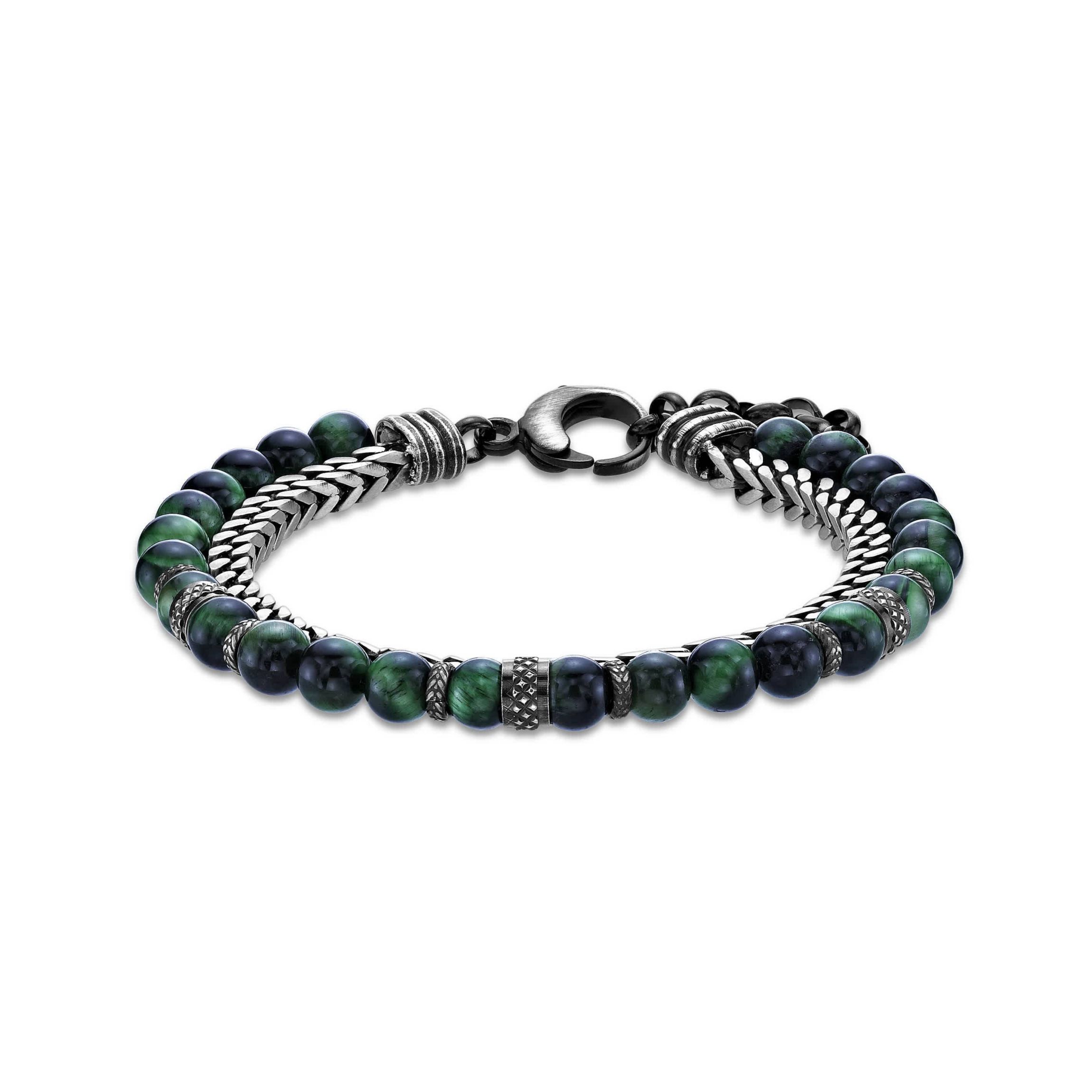 Stainless Steel Green Tigers Eye Bead Foxtail Chain Bracelet