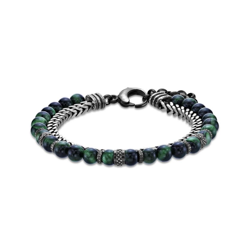 Stainless Steel Green Tigers Eye Bead Foxtail Chain Bracelet