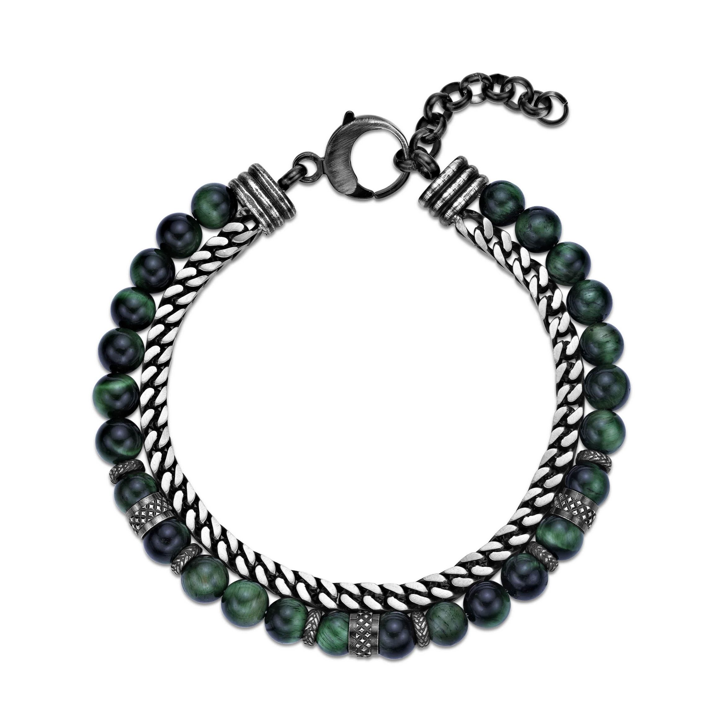 Stainless Steel Green Tigers Eye Bead Foxtail Chain Bracelet