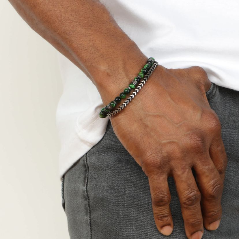 Stainless Steel Green Tigers Eye Bead Foxtail Chain Bracelet