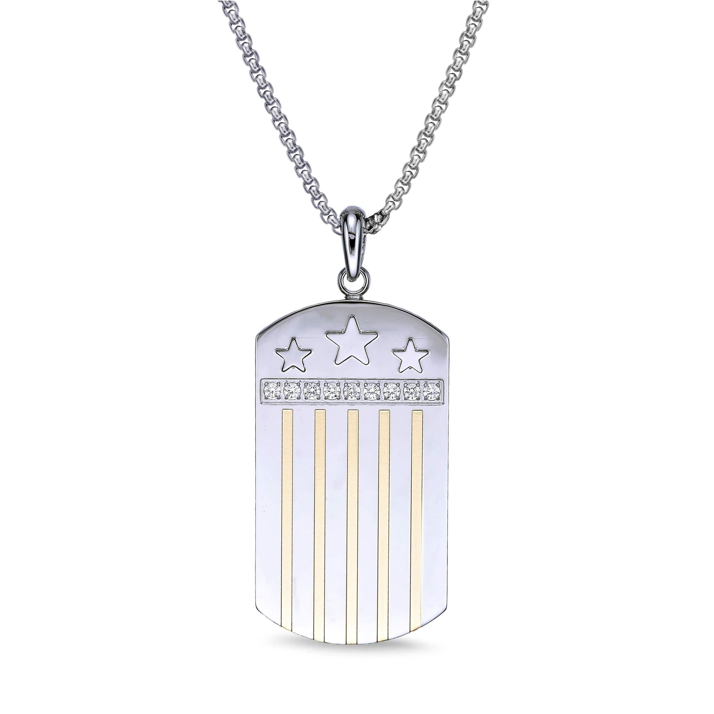 Stainless Steel Cubic Zirconia Dog Tag Pendant Necklace