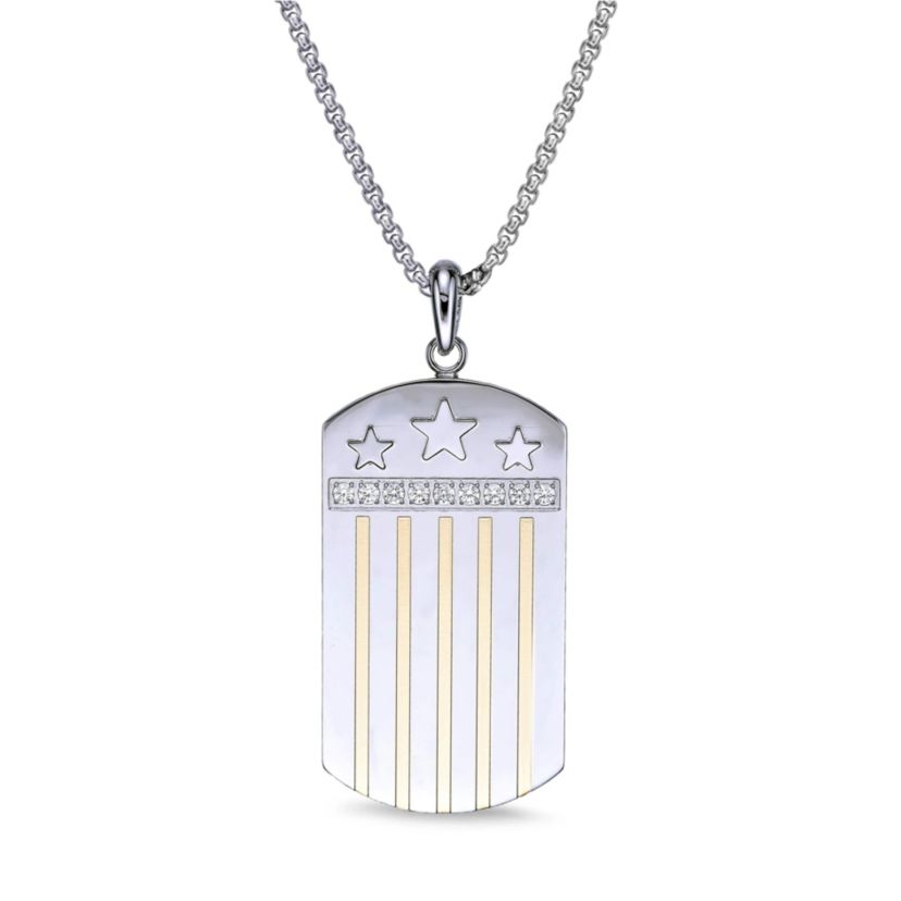 Stainless Steel Cubic Zirconia Dog Tag Pendant Necklace