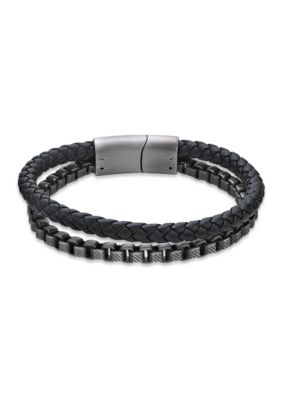 LYNX Men's Matte Finish Stainless Steel Box Chain and Braided Black Leather Bracelet
