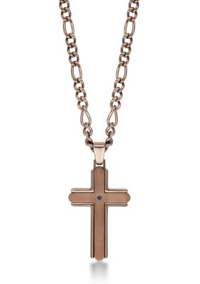 LYNX Men's Stainless Steel and Black Cz Chocolate Ip Cross Pendant with 22" Figaro Chain, 22 in