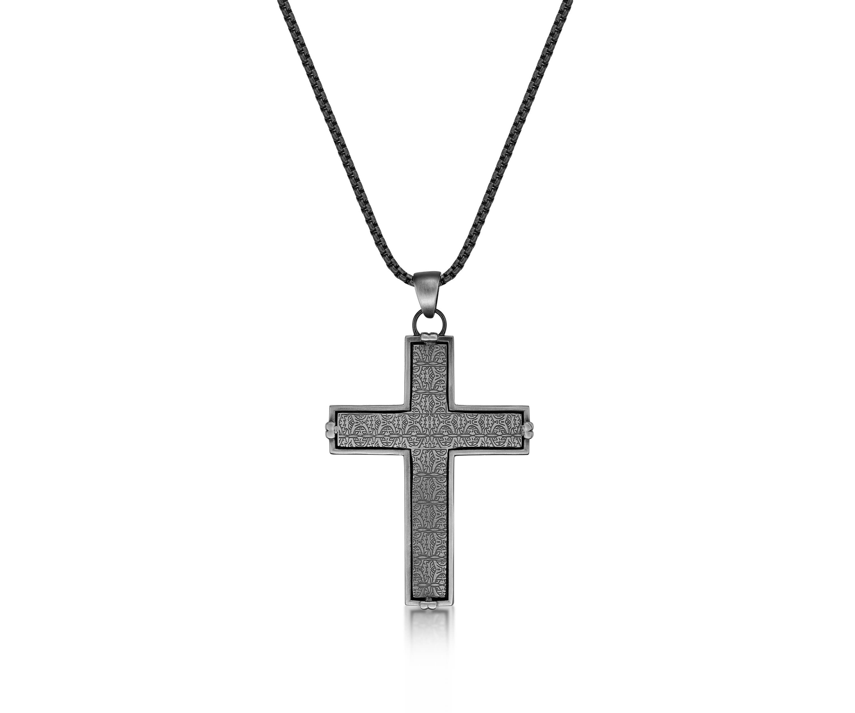 Stainless Steel Cross Pendant with Mattte Gray Ip and 24" Round Box Chain