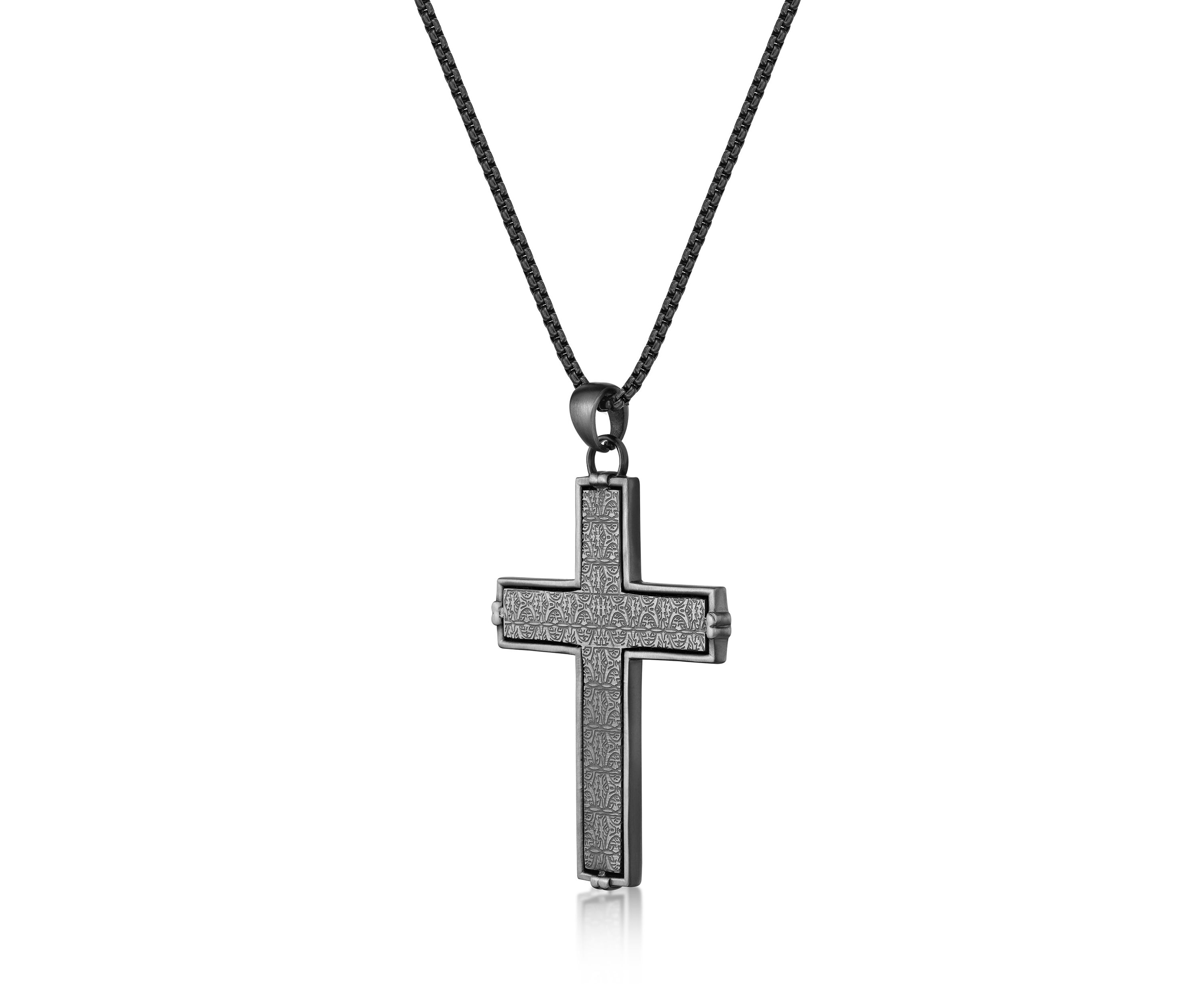 Stainless Steel Cross Pendant with Mattte Gray Ip and 24" Round Box Chain