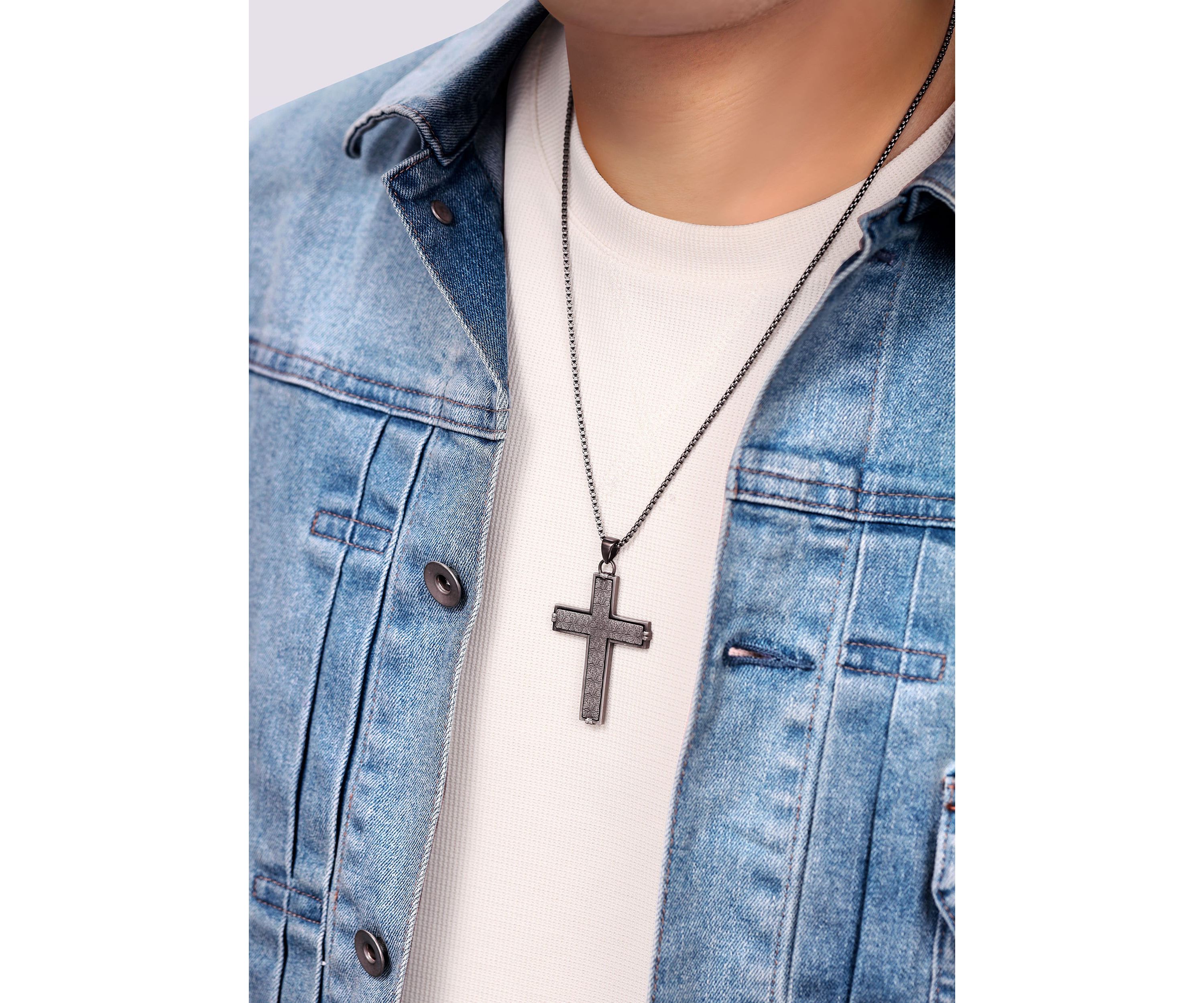 Stainless Steel Cross Pendant with Mattte Gray Ip and 24" Round Box Chain