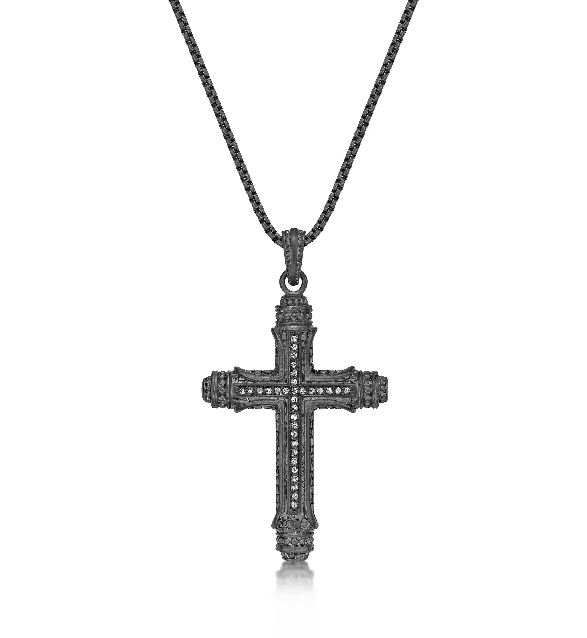 Stainless Steel & Cz Cross Pendant with Mattte Gray Ip and 24" Round Box Chain