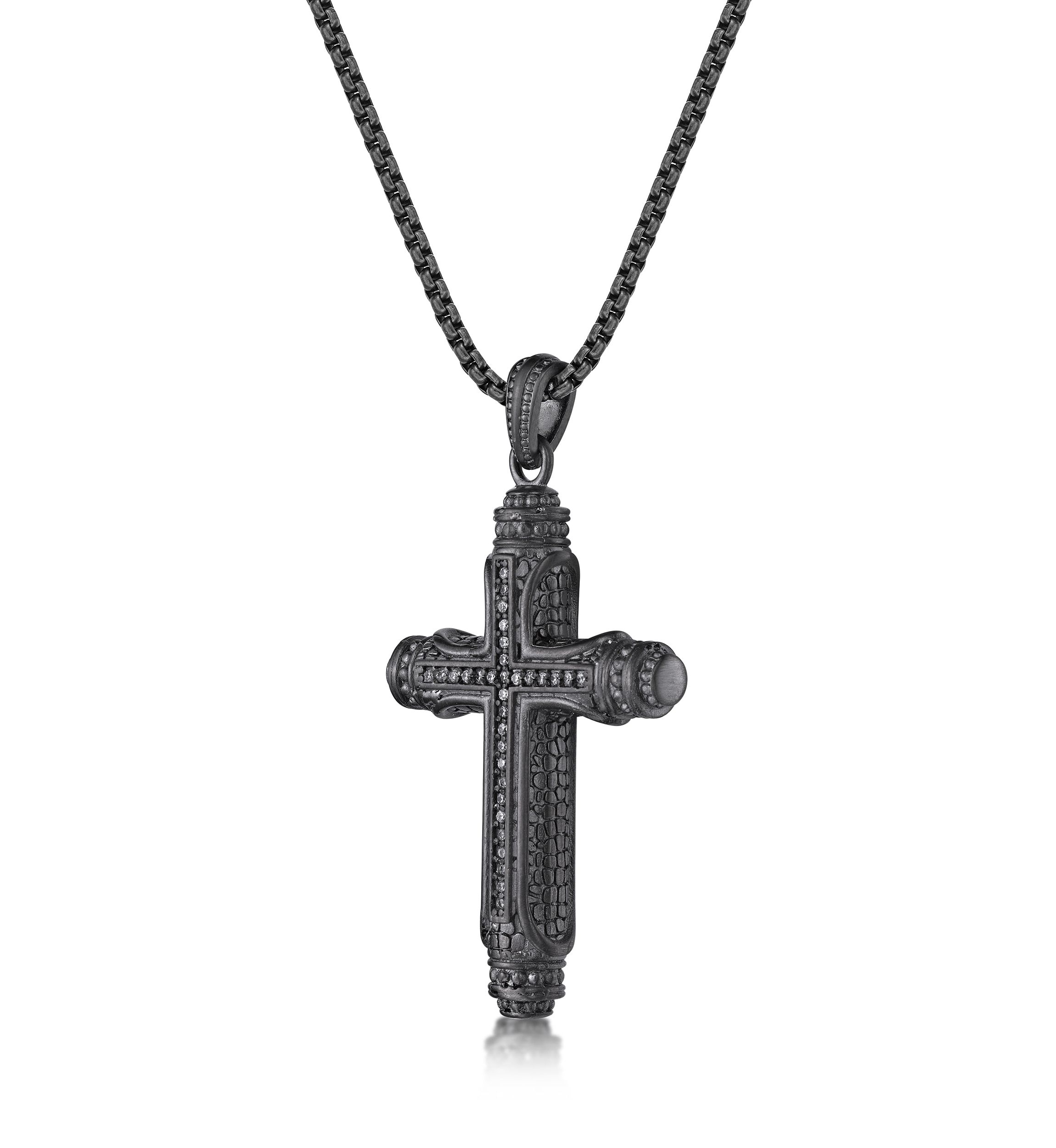 Stainless Steel & Cz Cross Pendant with Mattte Gray Ip and 24" Round Box Chain