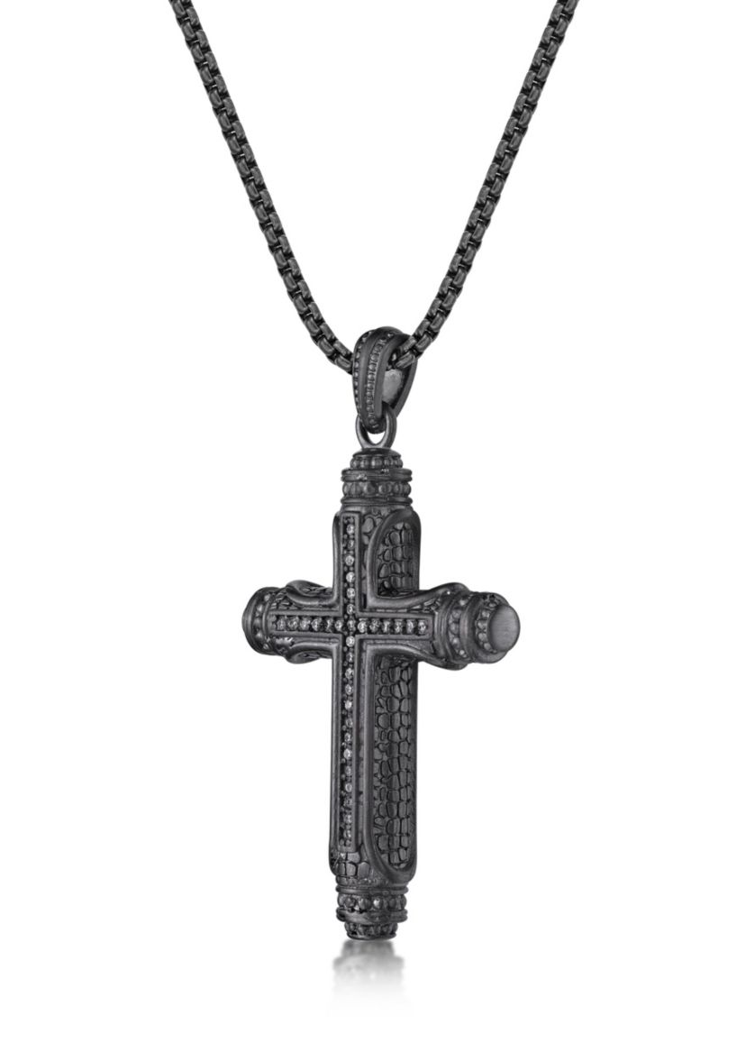 Stainless Steel & Cz Cross Pendant with Mattte Gray Ip and 24" Round Box Chain
