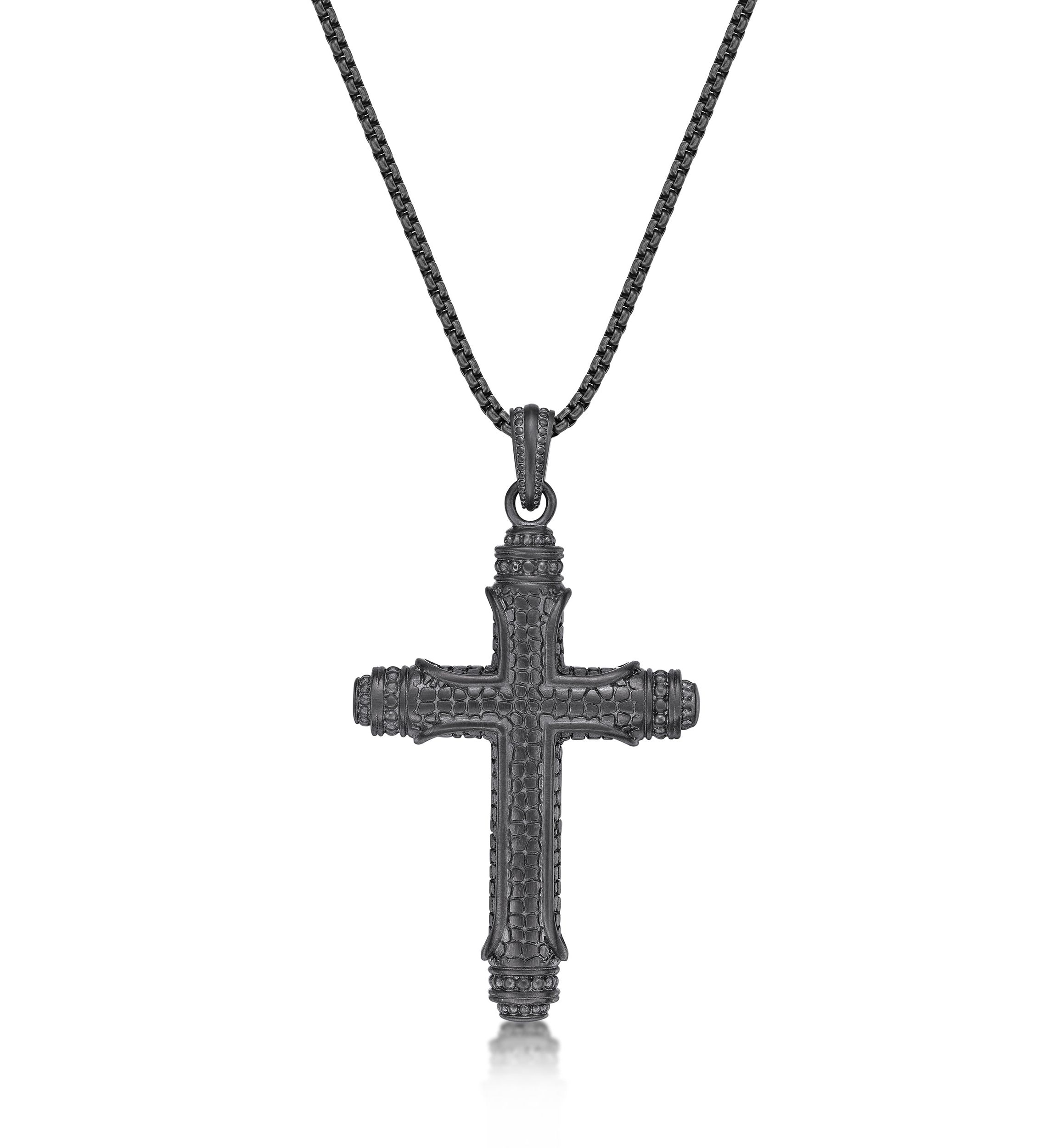 Stainless Steel & Cz Cross Pendant with Mattte Gray Ip and 24" Round Box Chain