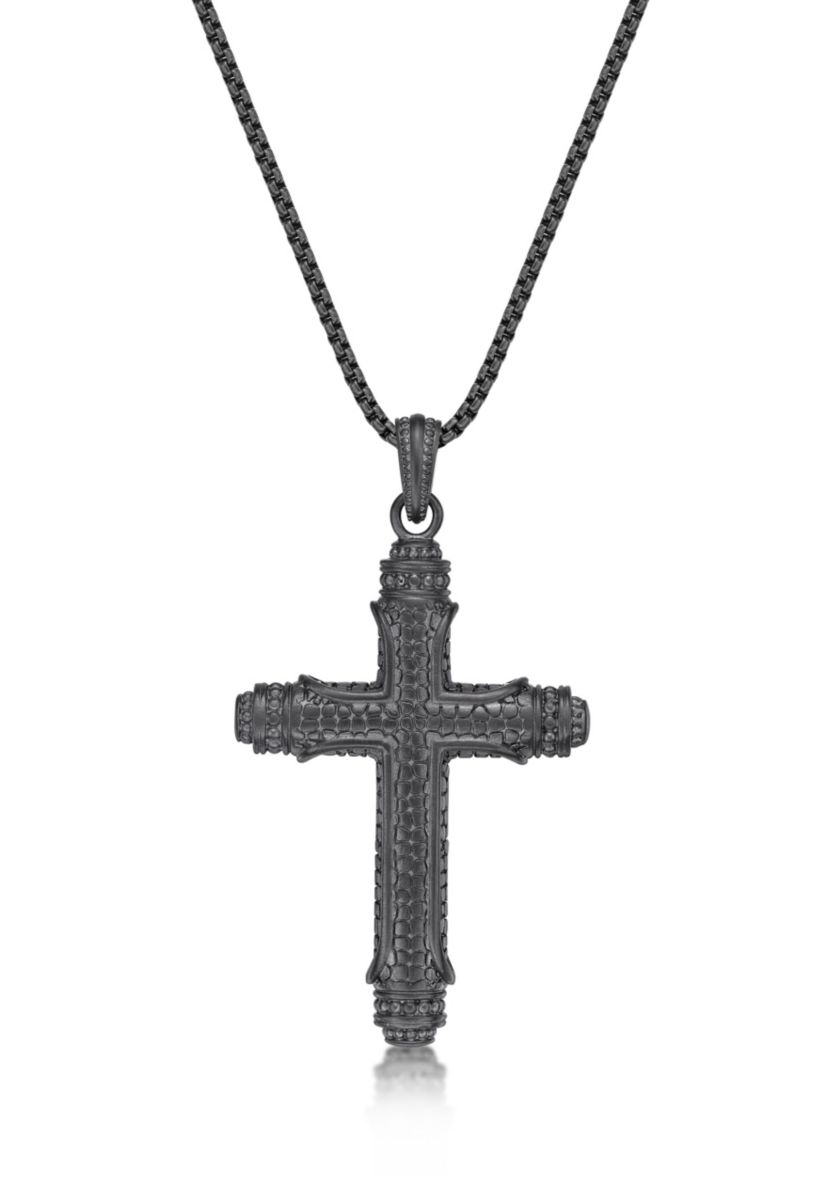 Stainless Steel & Cz Cross Pendant with Mattte Gray Ip and 24" Round Box Chain
