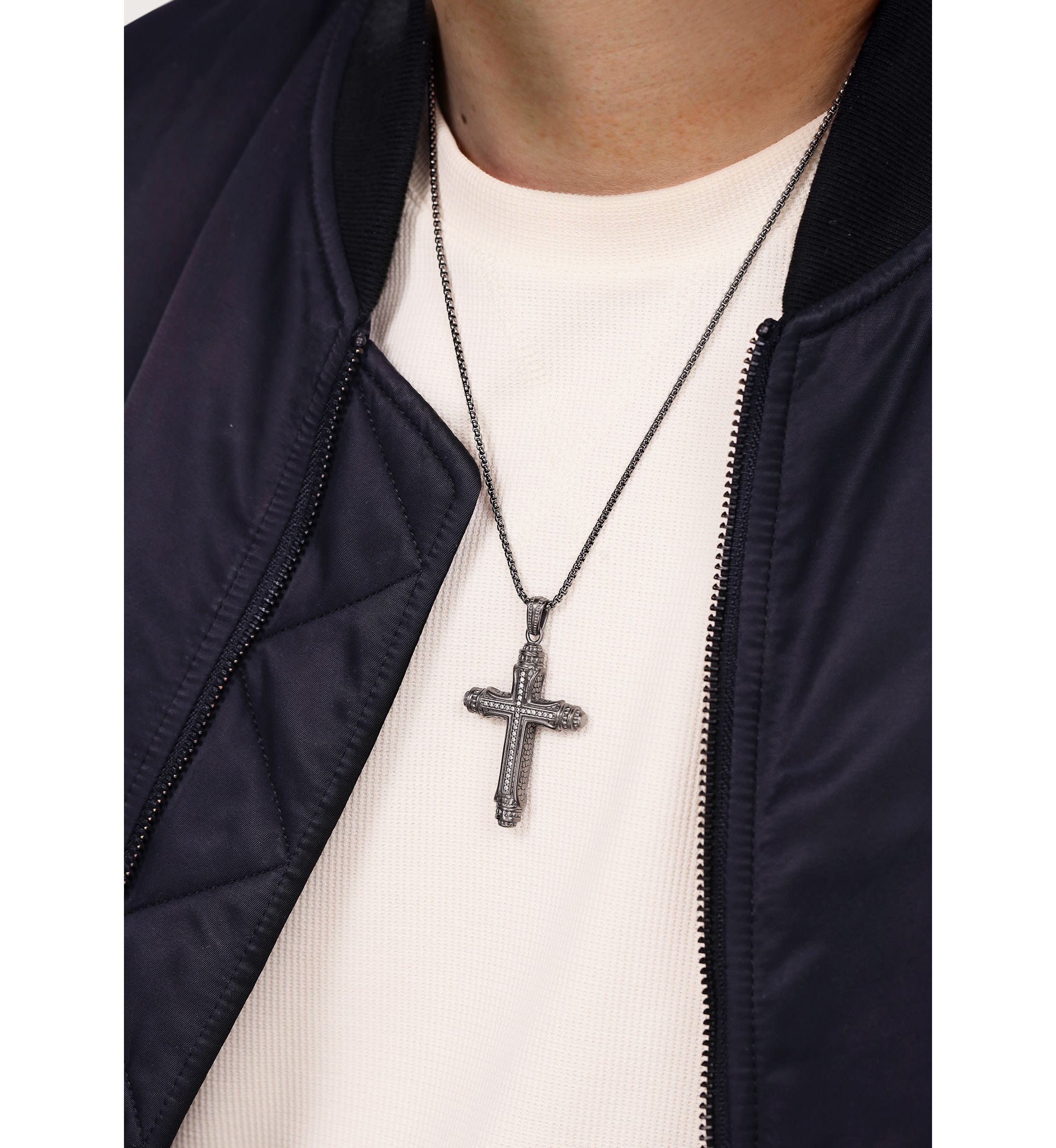 Stainless Steel & Cz Cross Pendant with Mattte Gray Ip and 24" Round Box Chain