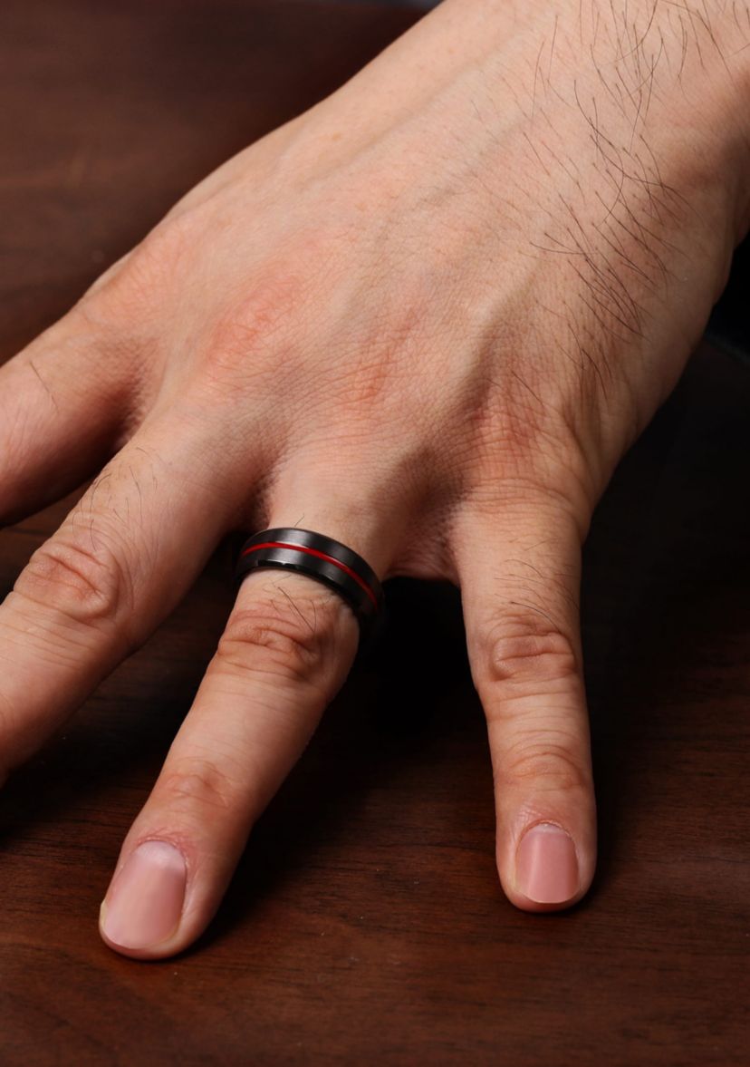 Black Zirconium Ring with Red Stripe - 8MM
