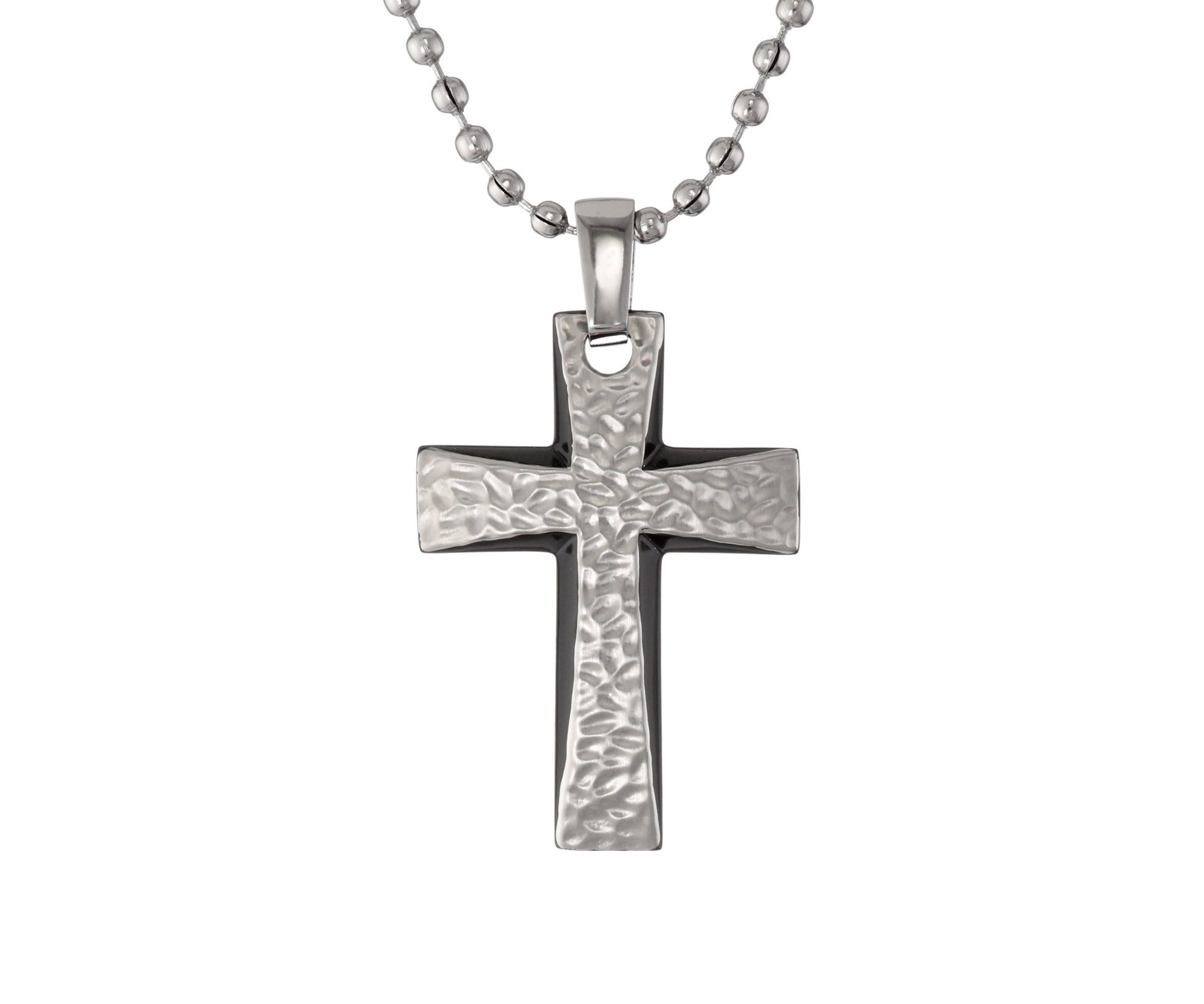Mens Stainless Steel 35mm Cross Pendant with Black Plating on 22 in. Ball Chain with Lobster Lock