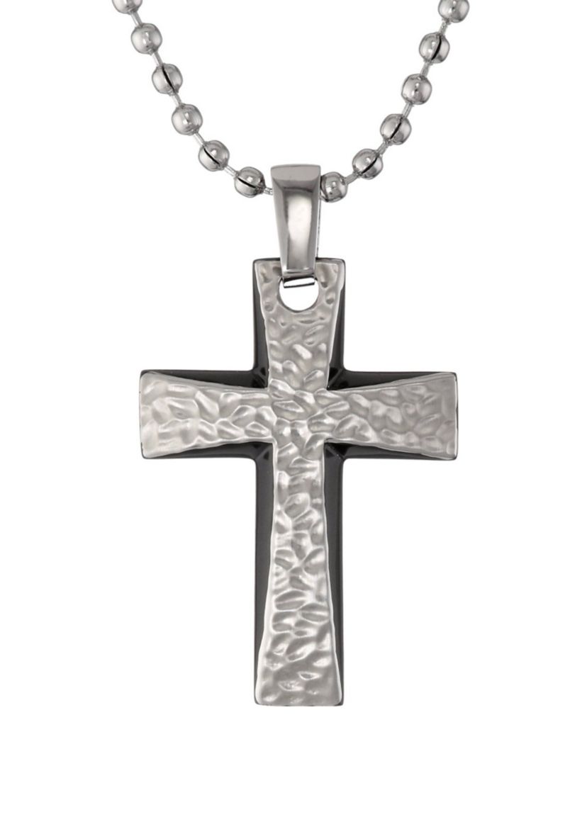Mens Stainless Steel 35mm Cross Pendant with Black Plating on 22 in. Ball Chain with Lobster Lock