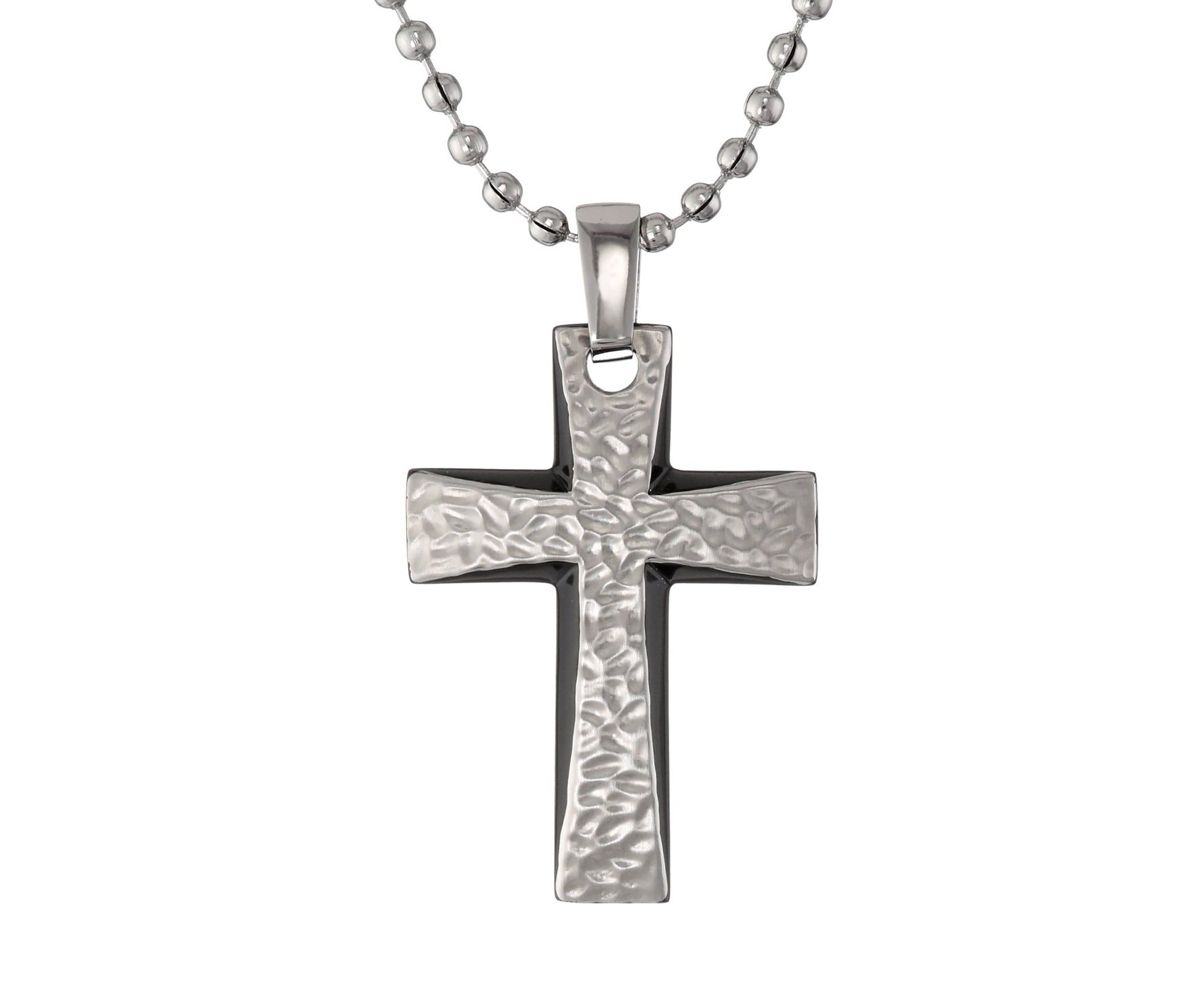 Mens Stainless Steel 35mm Cross Pendant with Black Plating on 22 in. Ball Chain with Lobster Lock