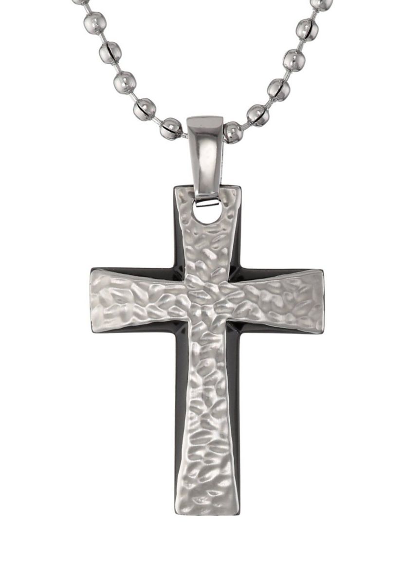 Mens Stainless Steel 35mm Cross Pendant with Black Plating on 22 in. Ball Chain with Lobster Lock