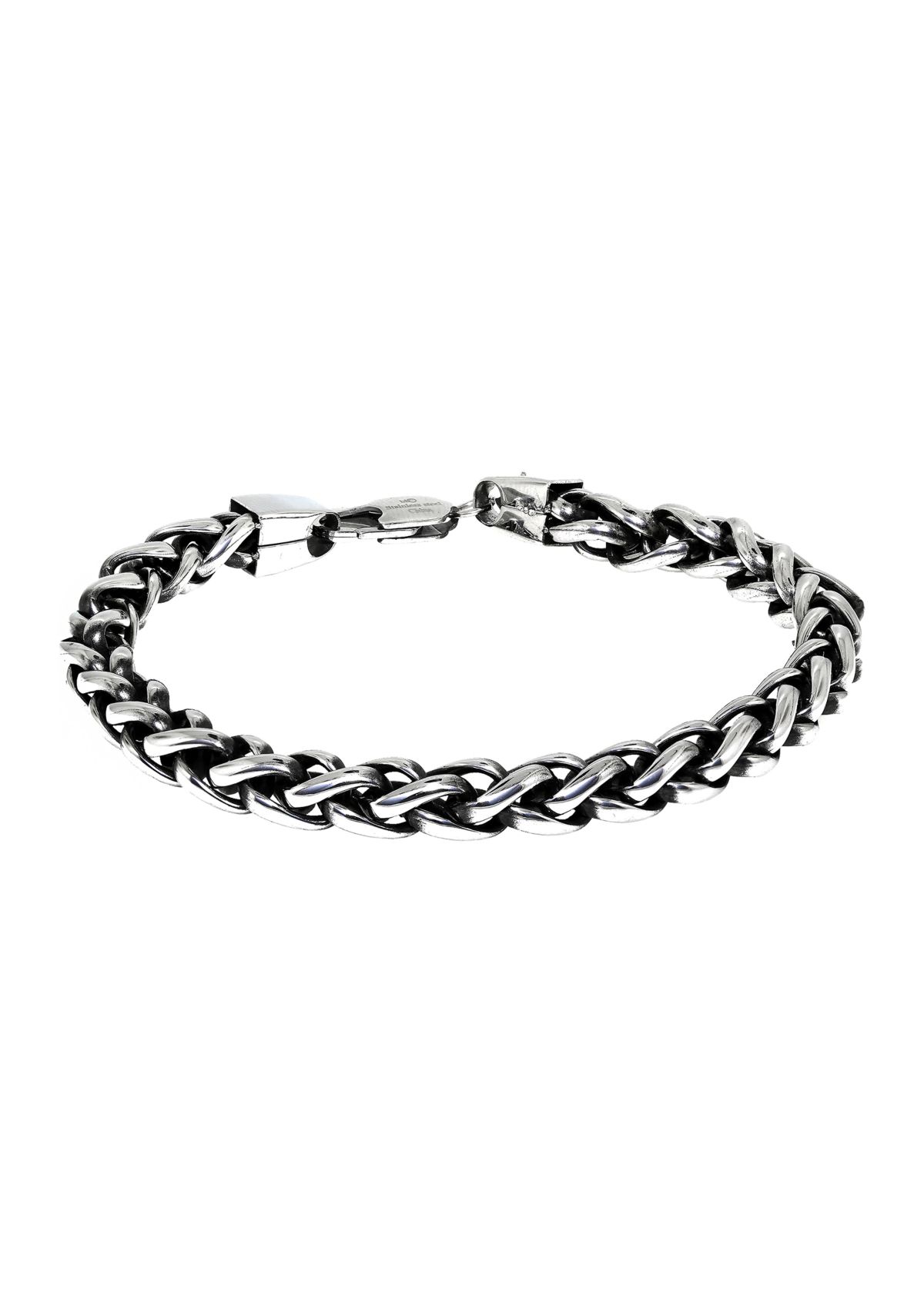 Stainless Steel 8 Millimeter Wheat Chain Bracelet with Black Plating Inlay, 9 Inch